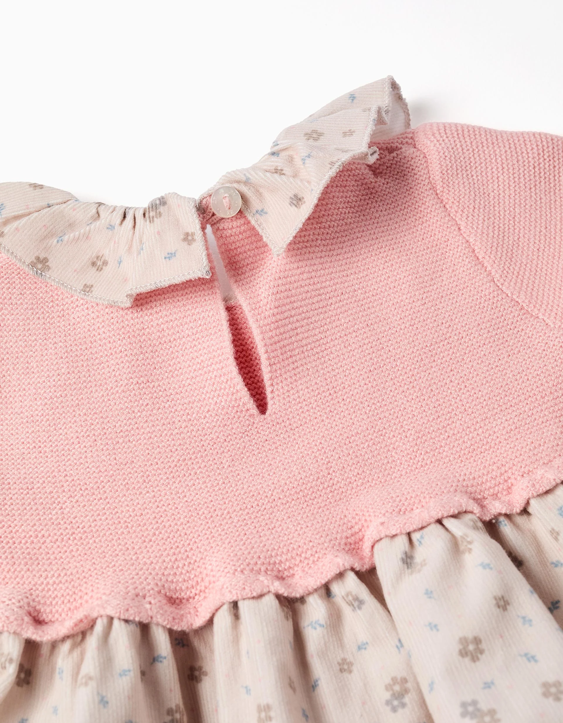 Dual-fabric dress with floral motif for newborn girls, pink/beige - Image 3
