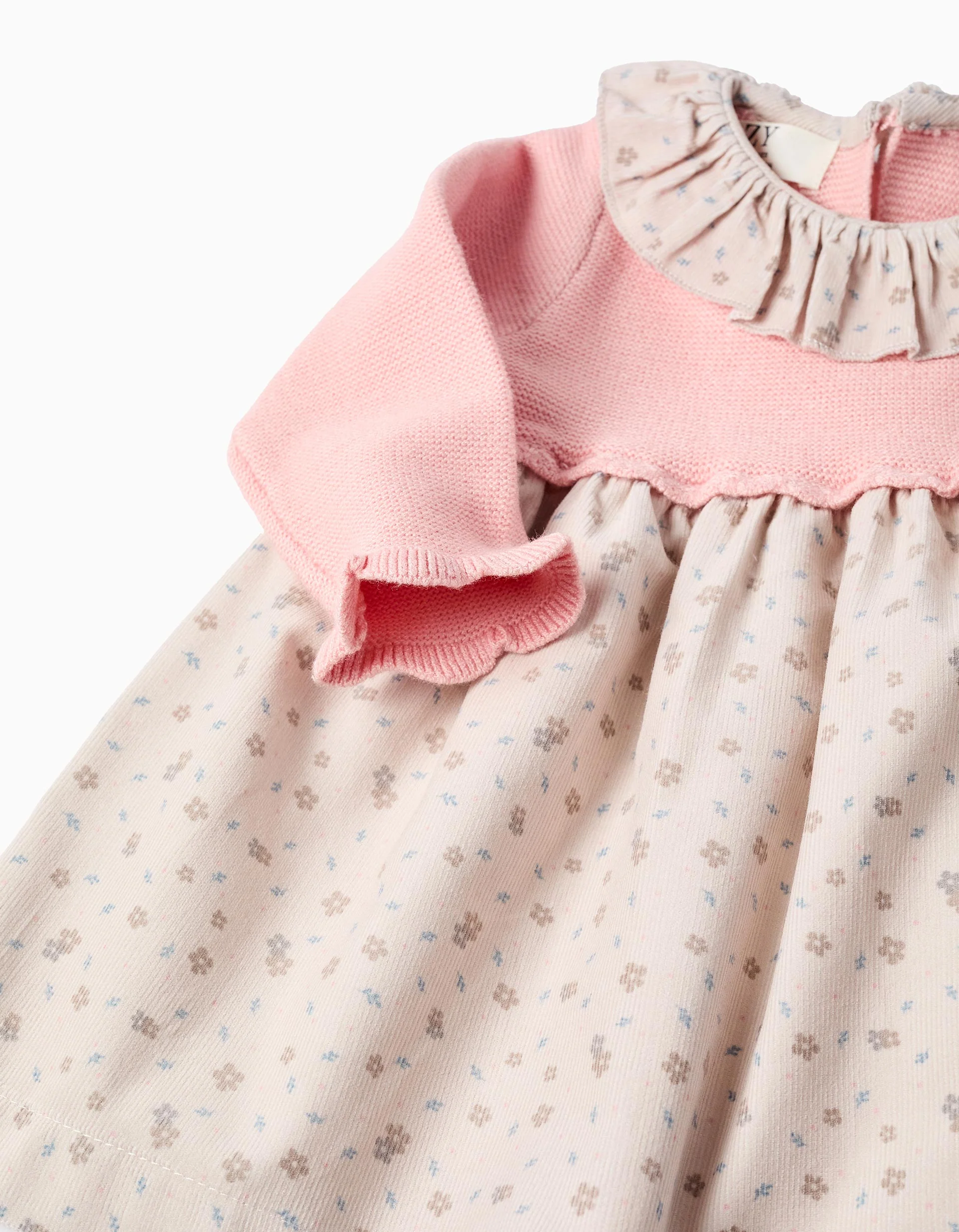 Dual-fabric dress with floral motif for newborn girls, pink/beige - Image 4