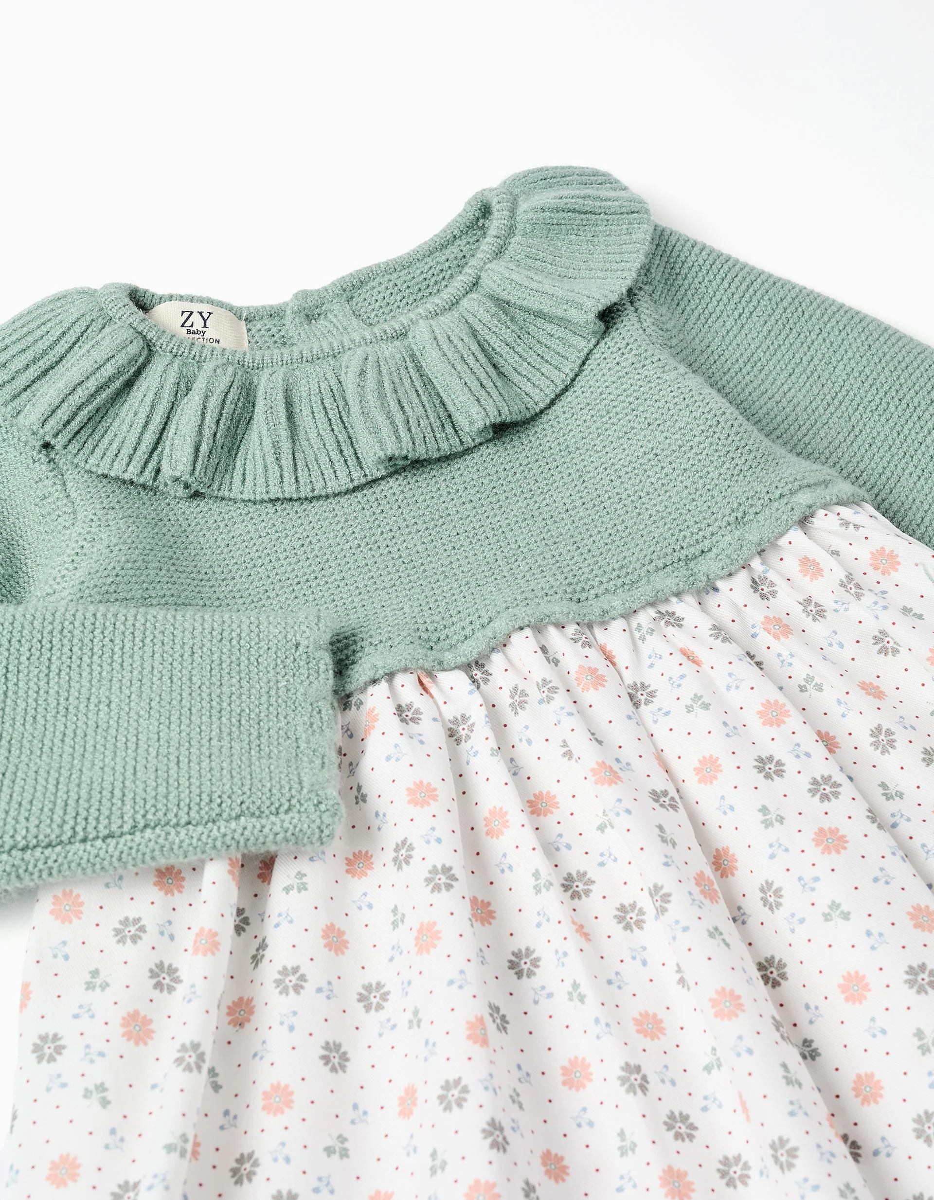 Dual-fabric dress with floral pattern for baby girls, green/white - Image 3