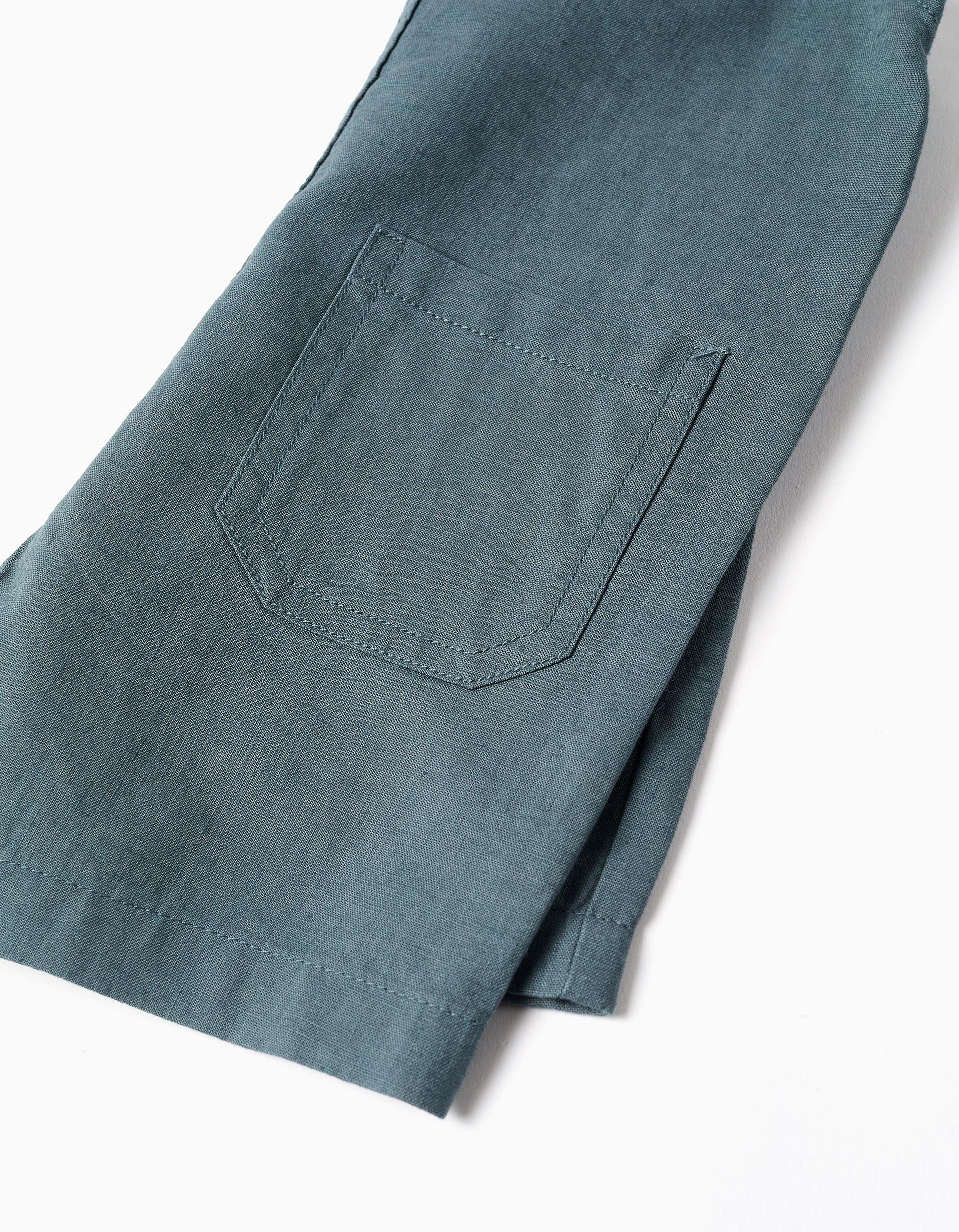 Dungarees in linen and cotton with pockets for baby boys, blue grey - Image 4