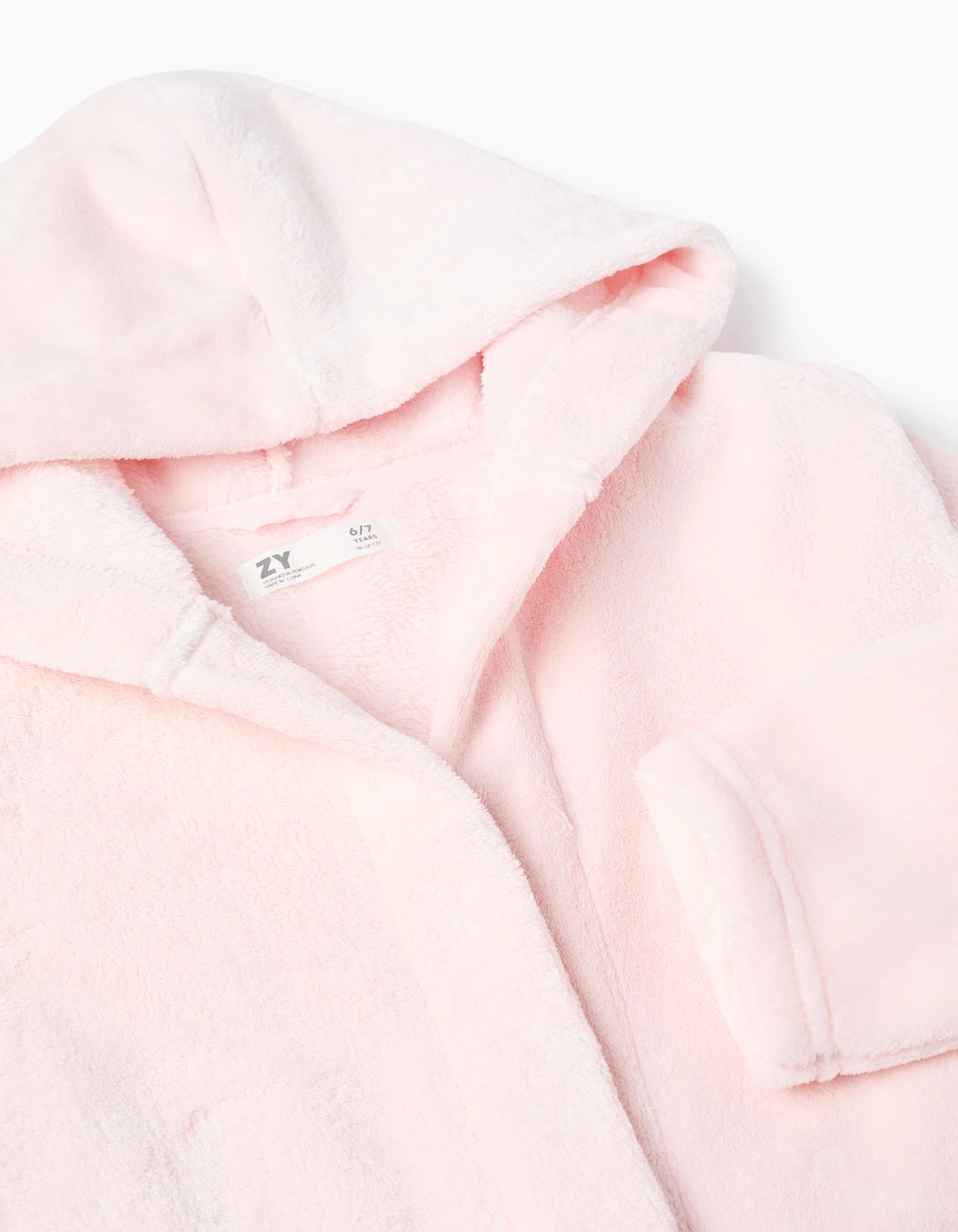 Fleece Dressing Gown with Hood and Belt for Girls, Pink - Image 3