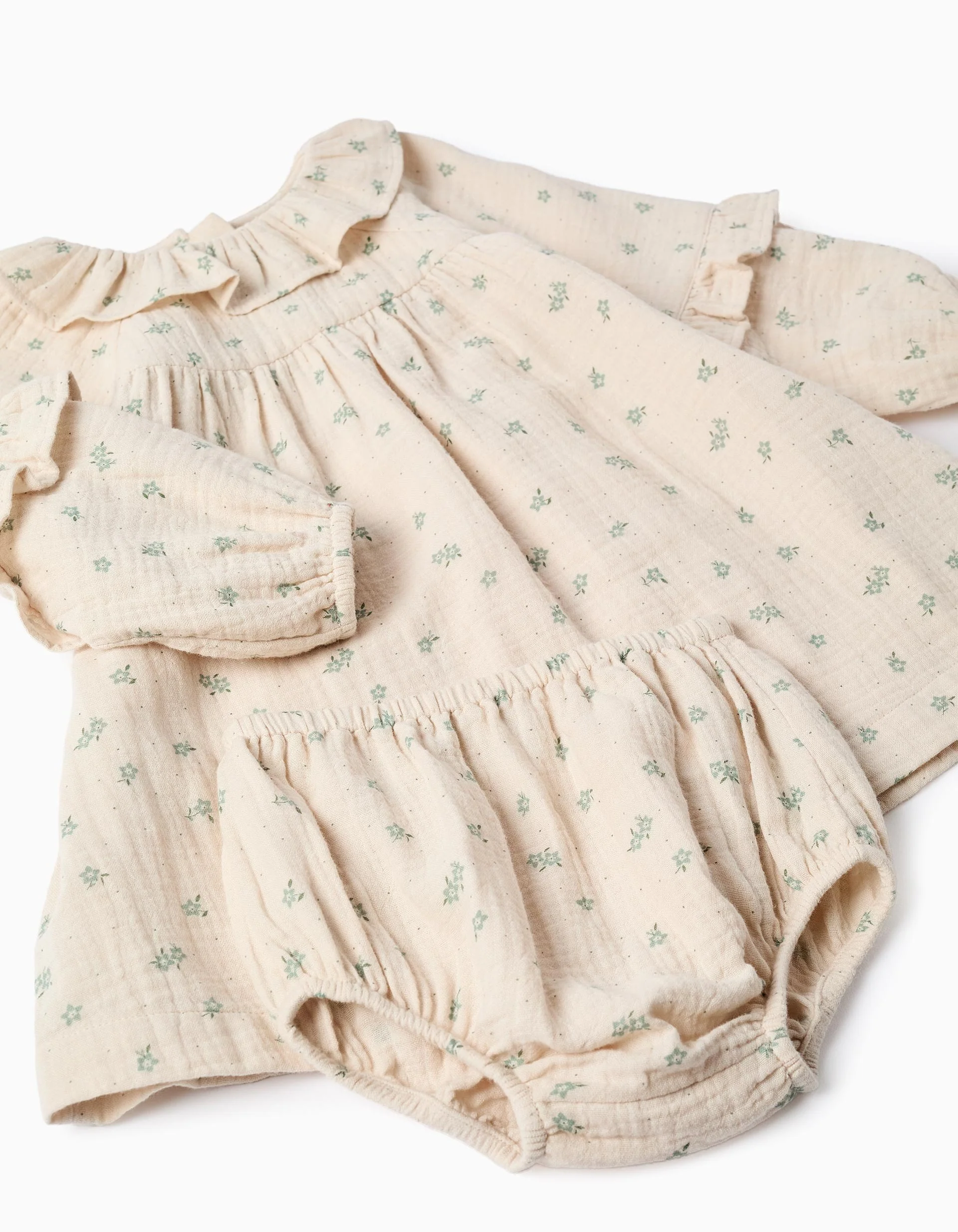 Floral cotton dress + bloomers B&S for baby girls, beige/green - Image 4