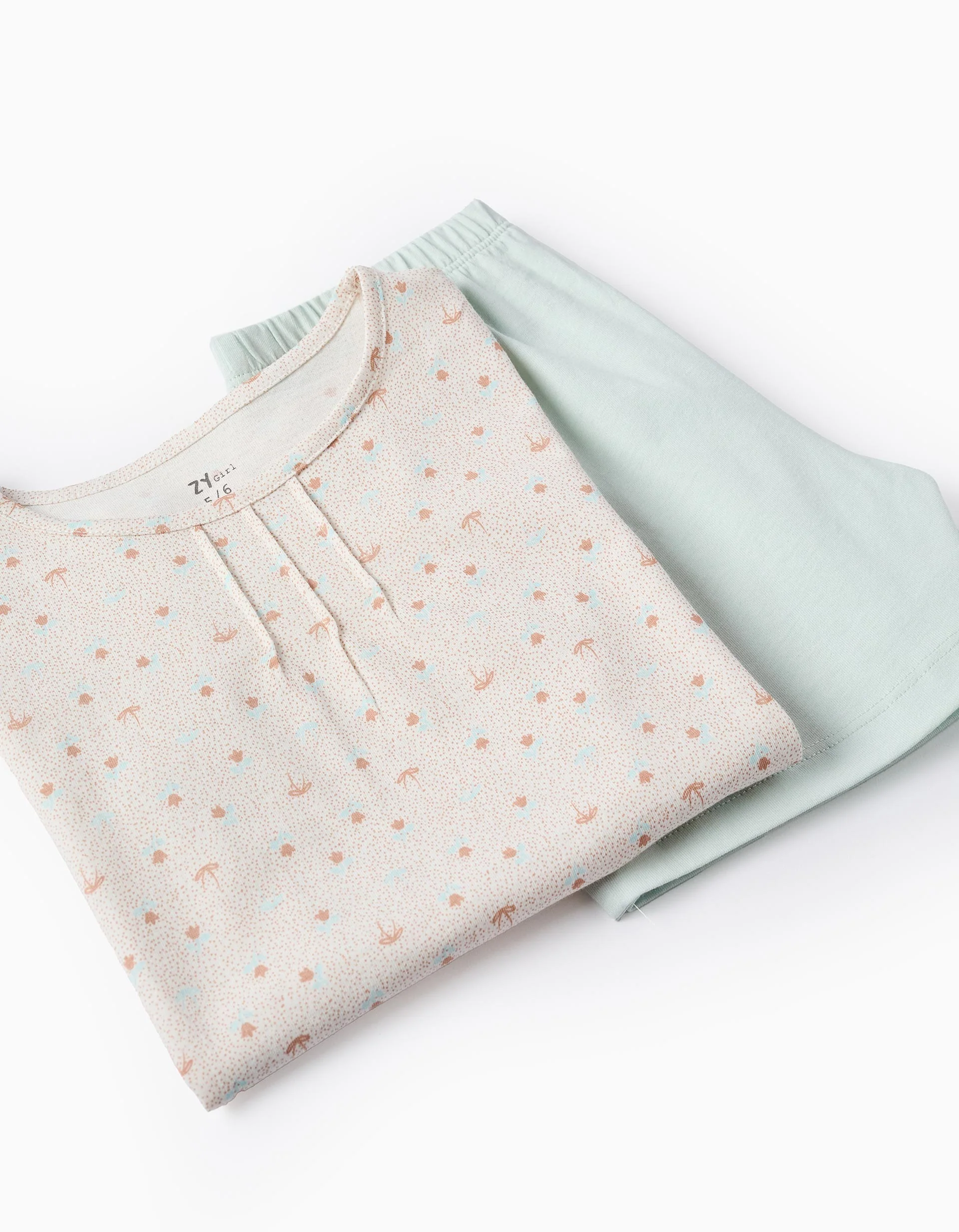 Floral Cotton Pyjama Set for Girls, White/Beige/Aqua Green - Image 4