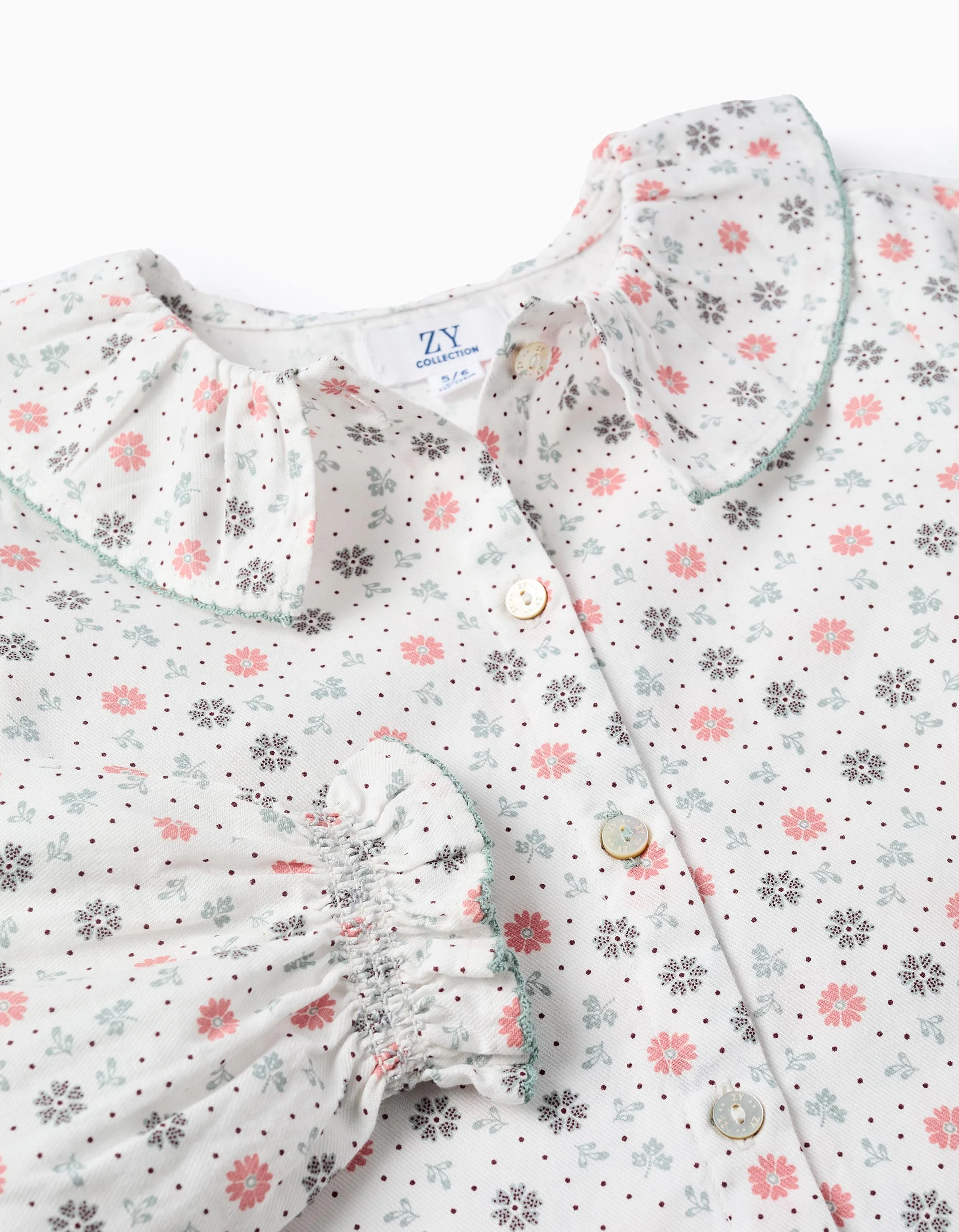 Floral Cotton Shirt for Girls, White/Pink/Green - Image 3