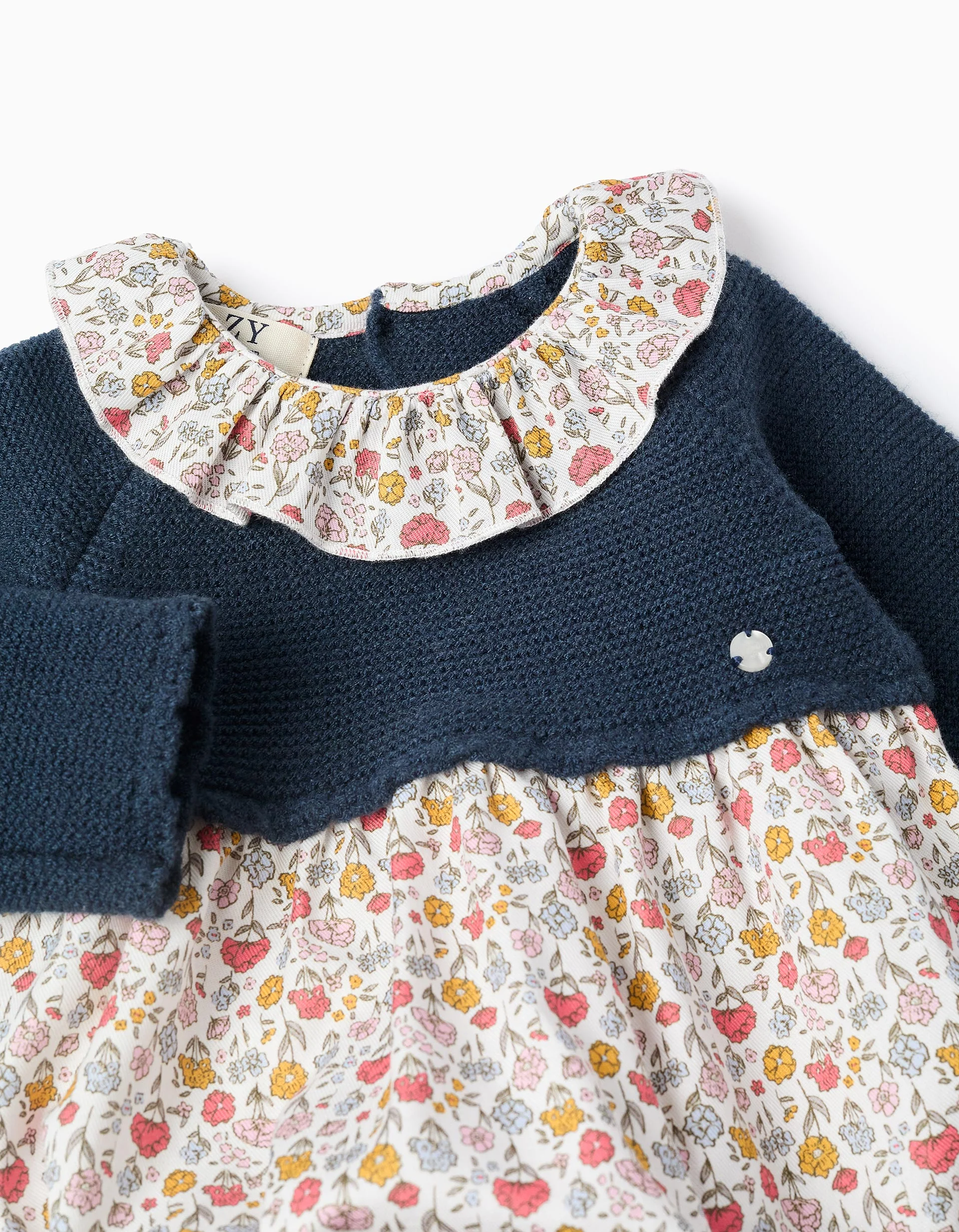 Floral Dual-Fabric Romper for Newborns, Blue/White - Image 3