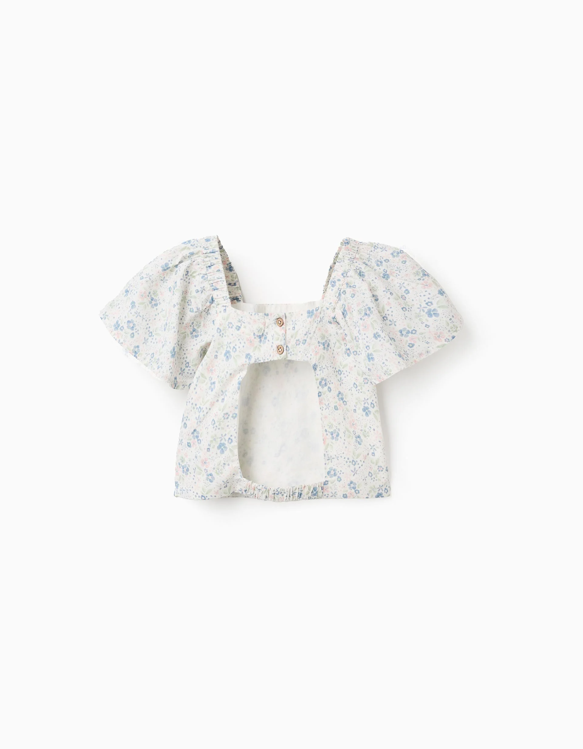 Floral Top with Butterfly Sleeves and Open Back for Girls, White - Image 2