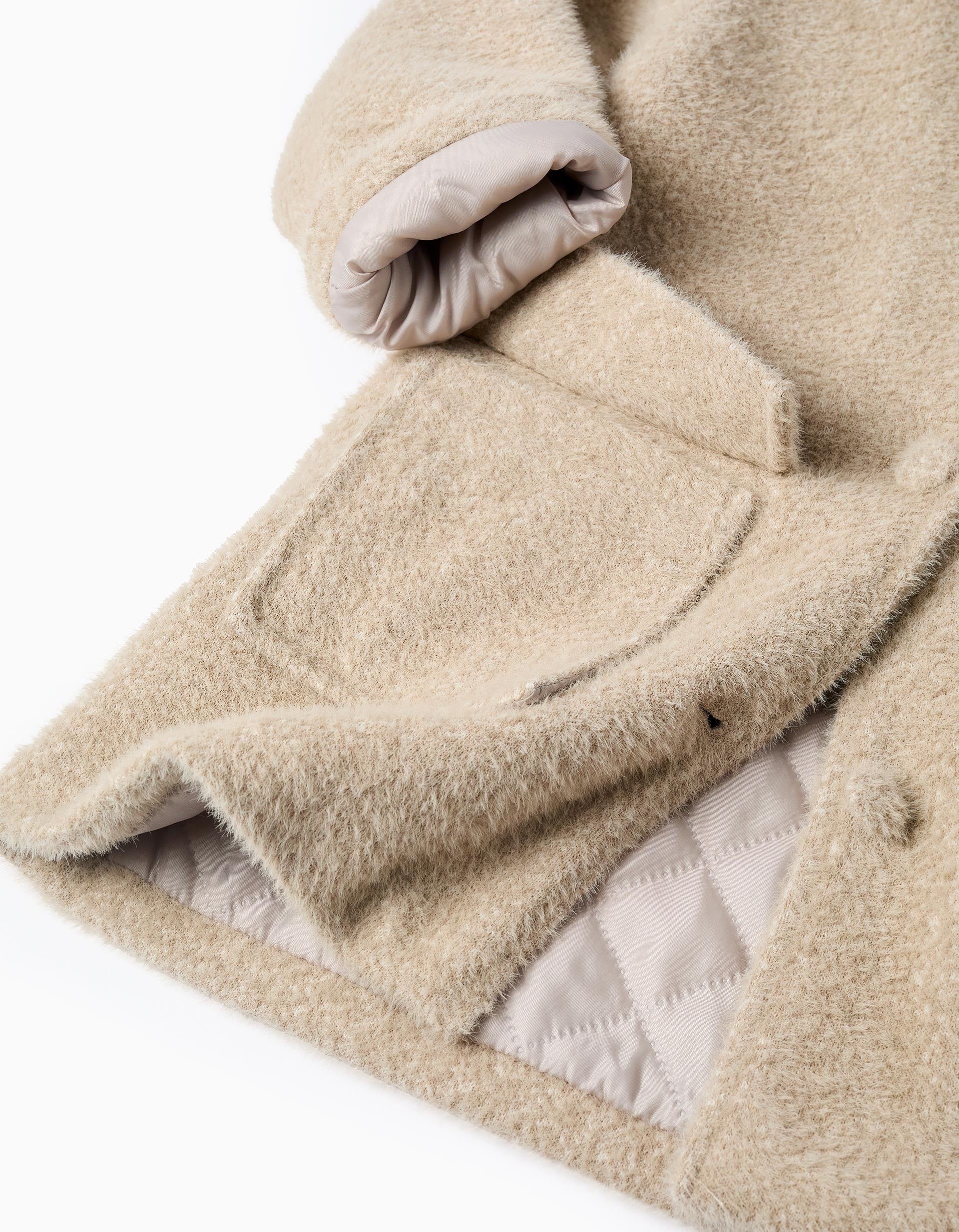 Fluffy Buttoned Jacket for Girls, Beige - Image 4