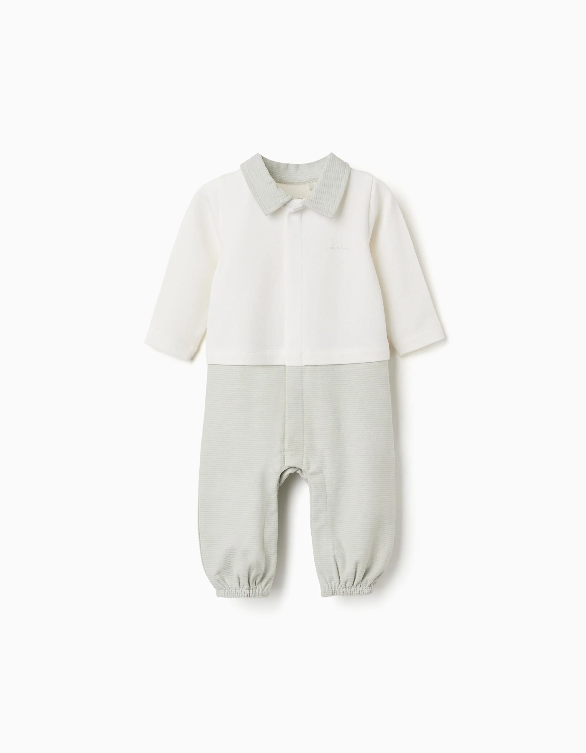 Footless ribbed babygrow in cotton for newborn boys, white/green