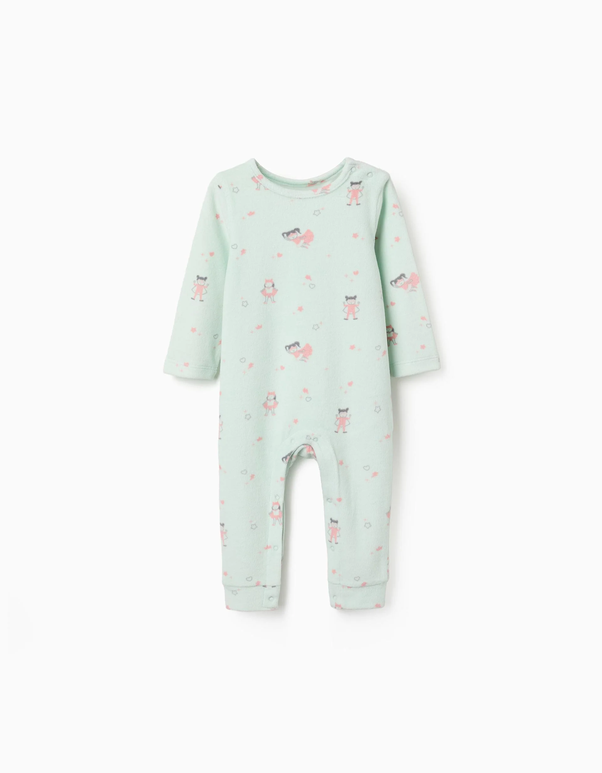 Footless velvet babygrow with motif for newborn and baby girls, light green