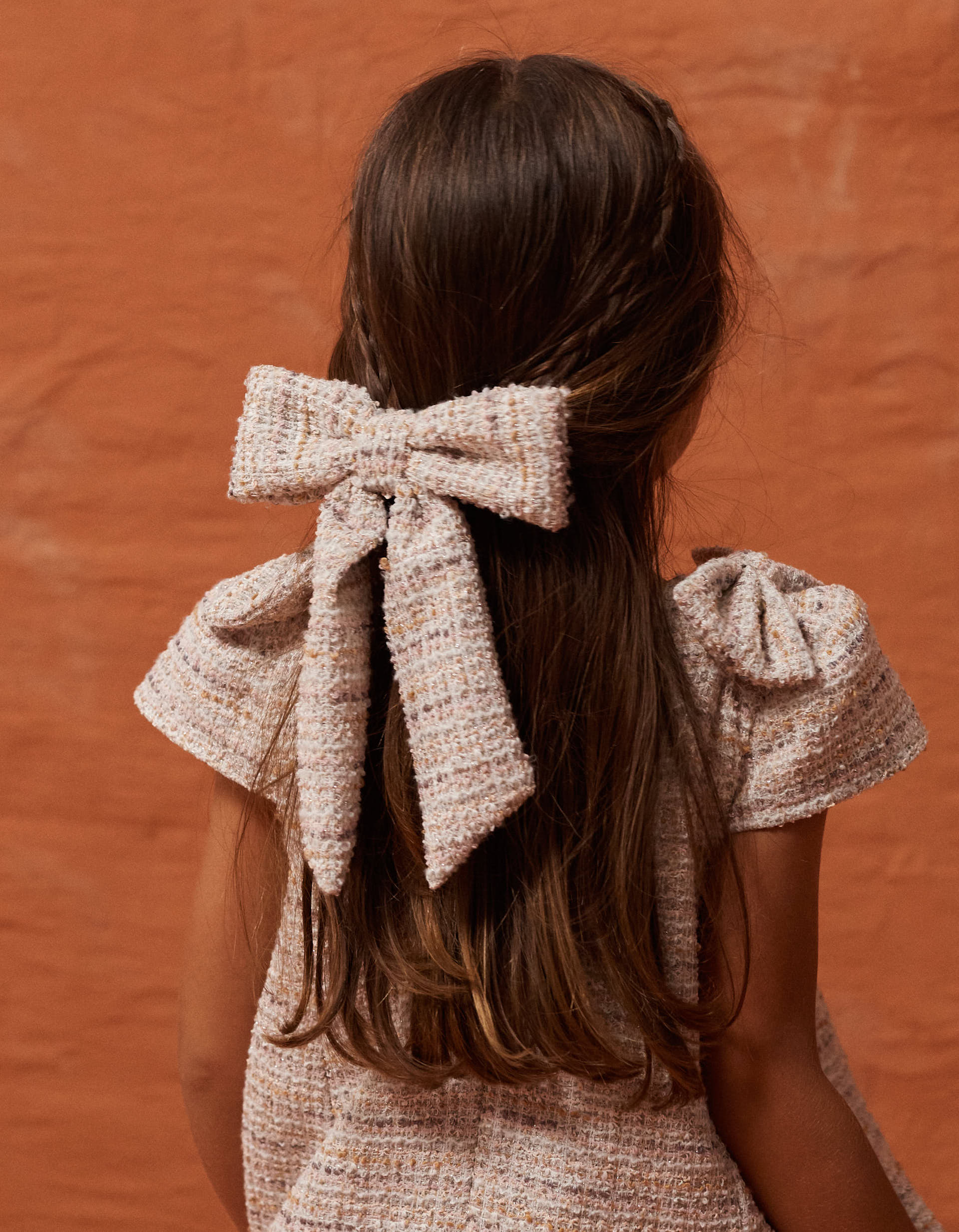 Hair slide with bow in tweed for babies and girls, pink
