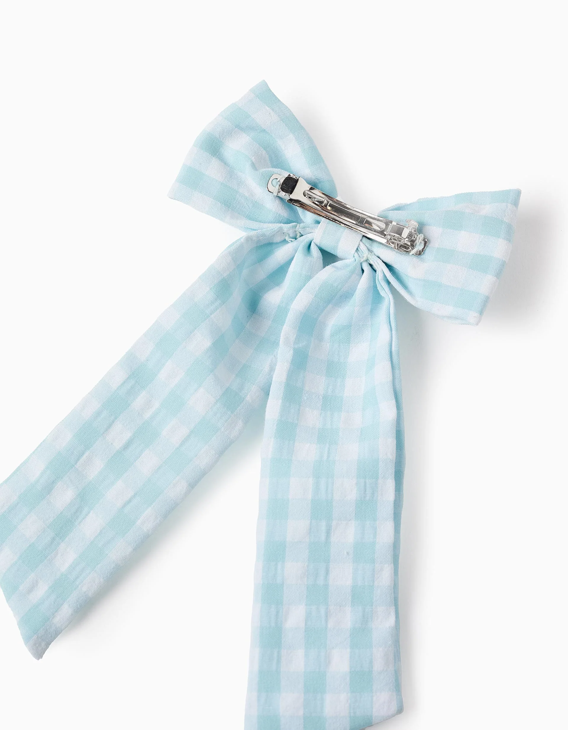 Hair Slide with Long Vichy Bow for Babies and Girls, White/Light Blue - Image 2