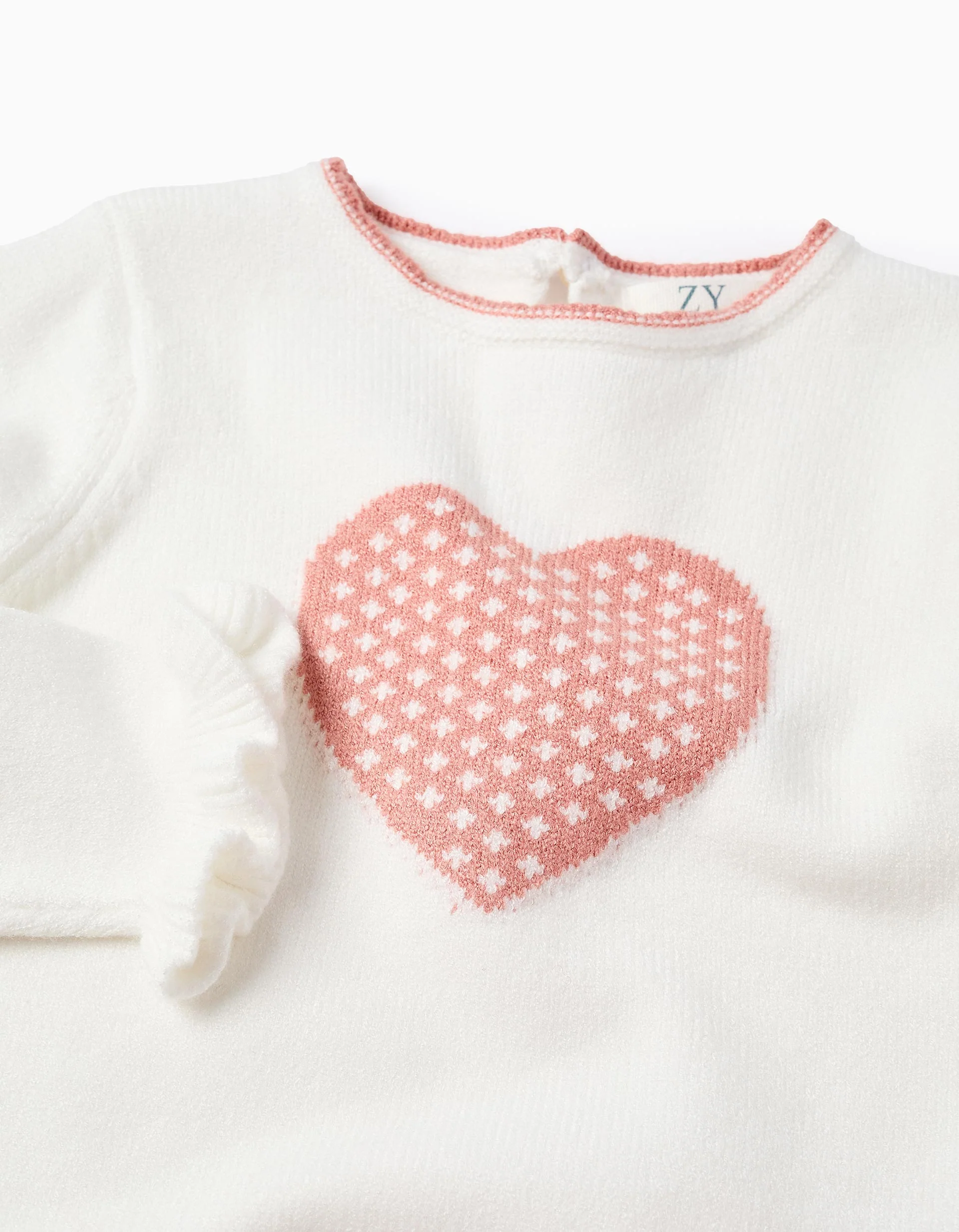 Heart Jacquard Jumper with Ruffles for Baby Girls, White - Image 3