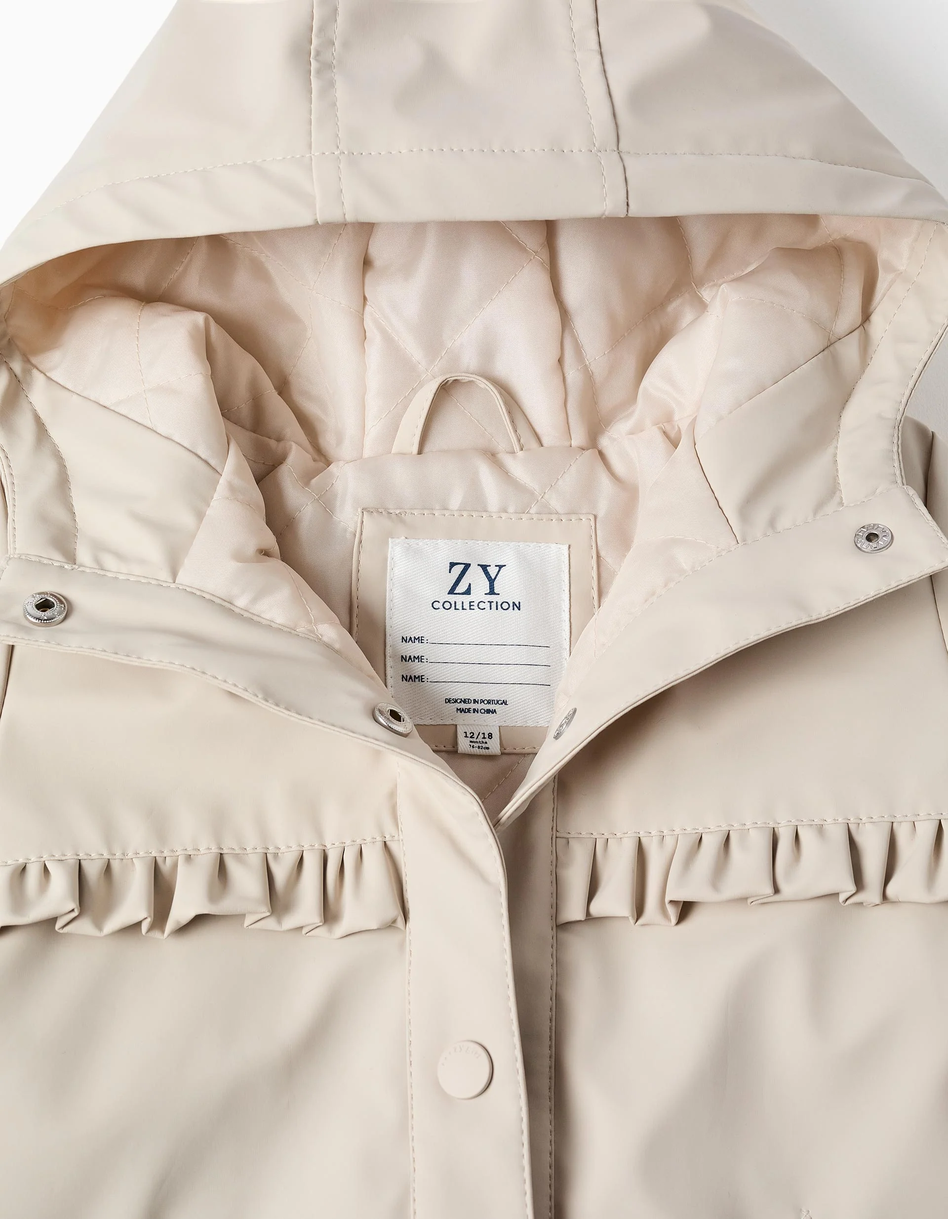 Hooded padded parka with ruffles for baby girls, light beige - Image 3
