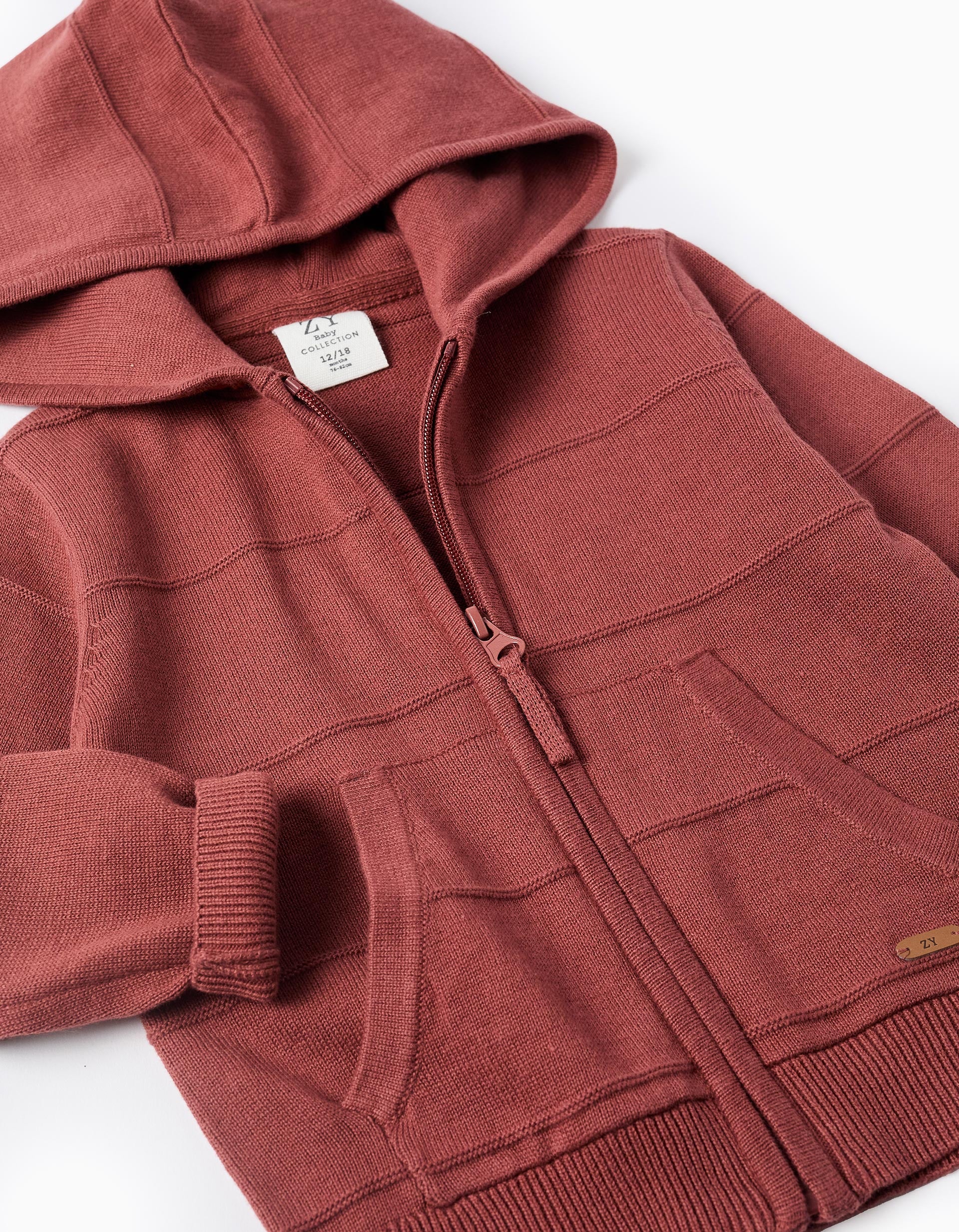 Knitted hooded jacket with embossed lines for baby boys, brown - Image 3