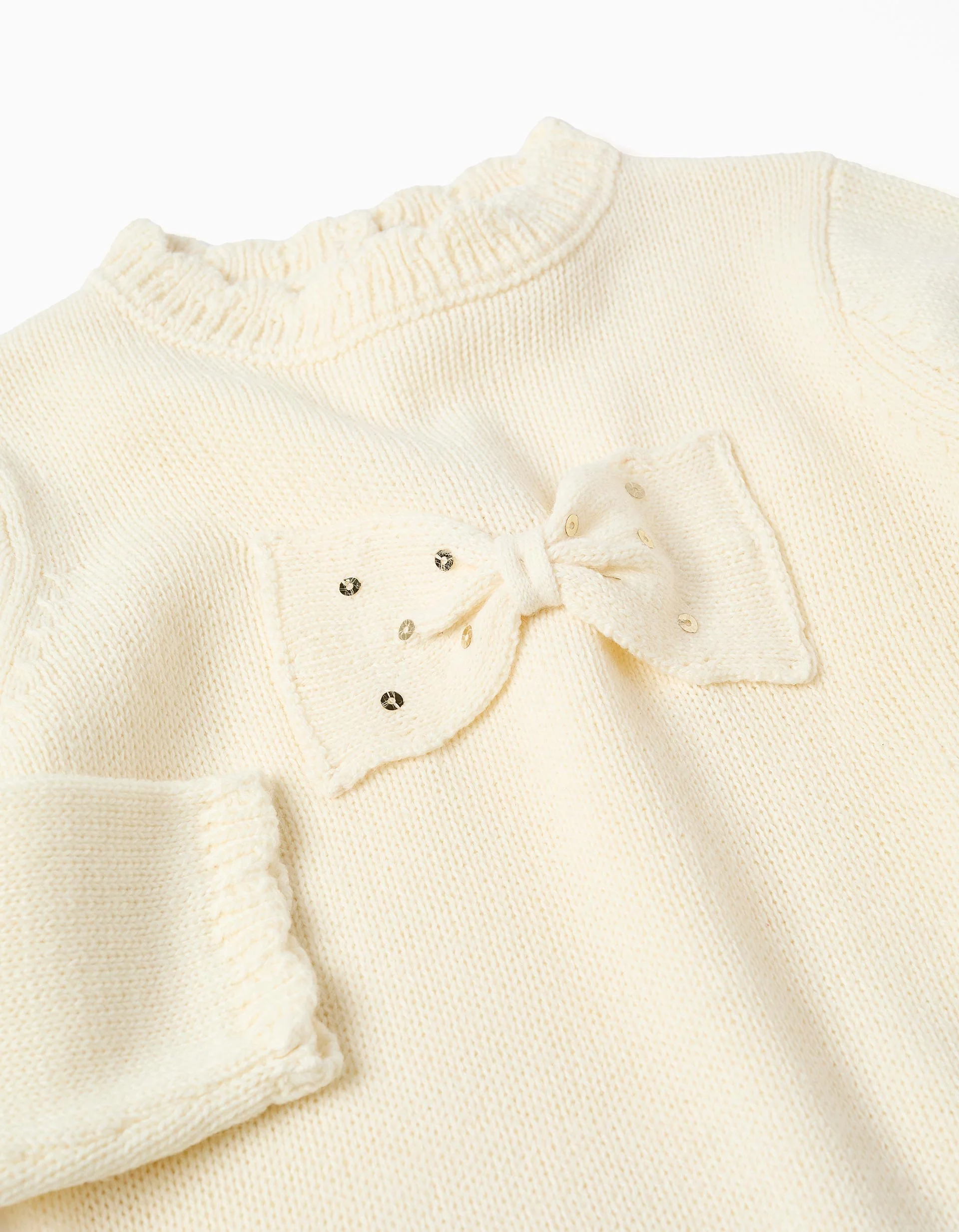 Knitted jumper with bow and sequins for baby girls, light beige - Image 3