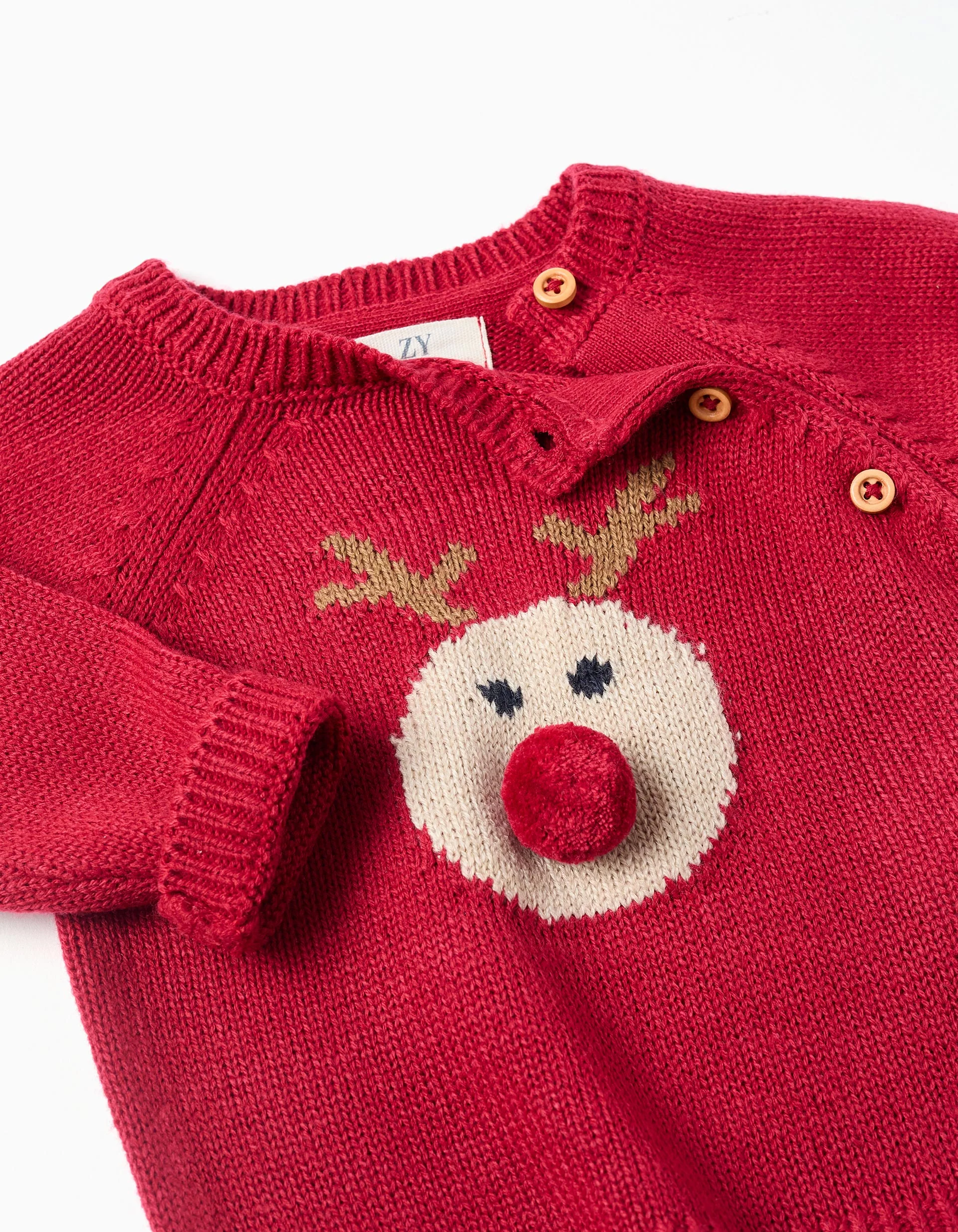 Knitted jumper with jacquard reindeer for newborn boys, red - Image 3