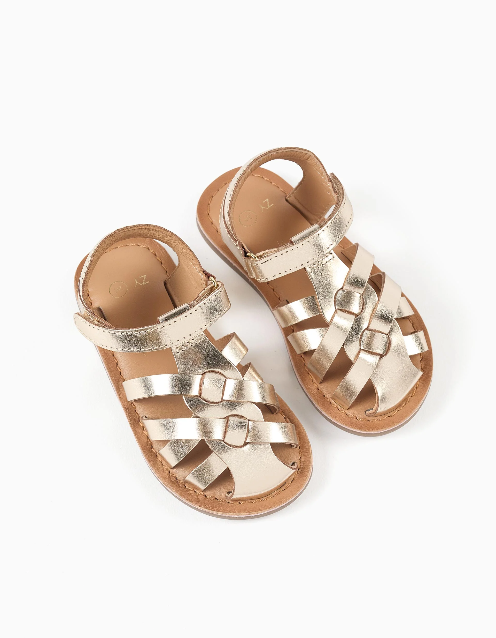 Leather fisherman sandals with crossed straps for baby girls, golden - Image 2