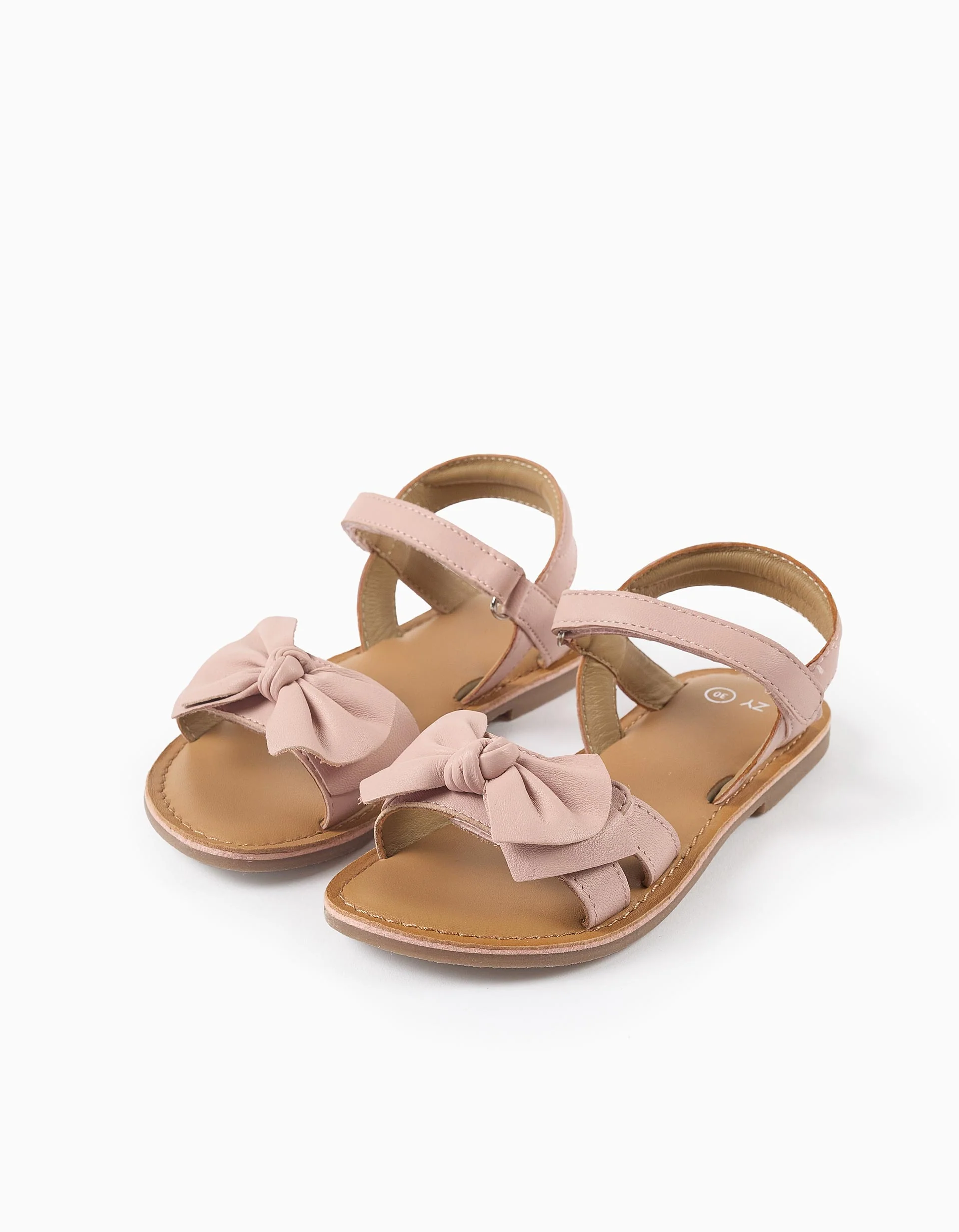 Leather sandals with decorative bow for girls, light pink - Image 2