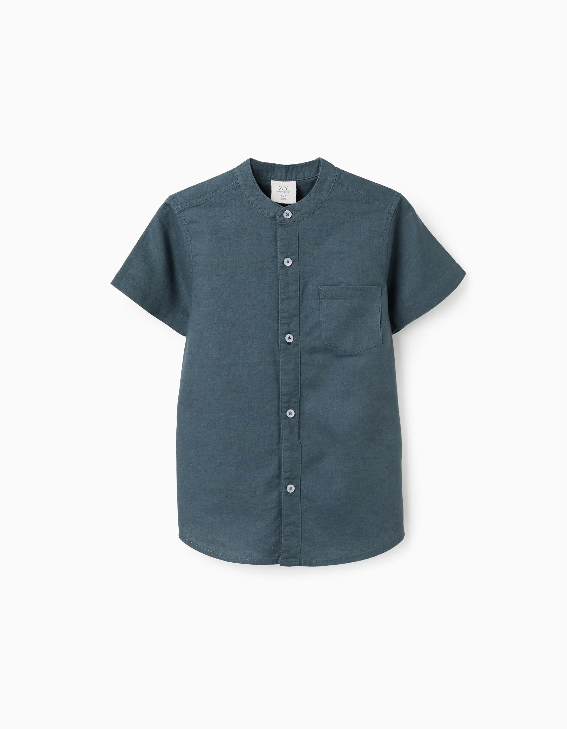 Linen and cotton short sleeve shirt with pocket for boys, blue-grey