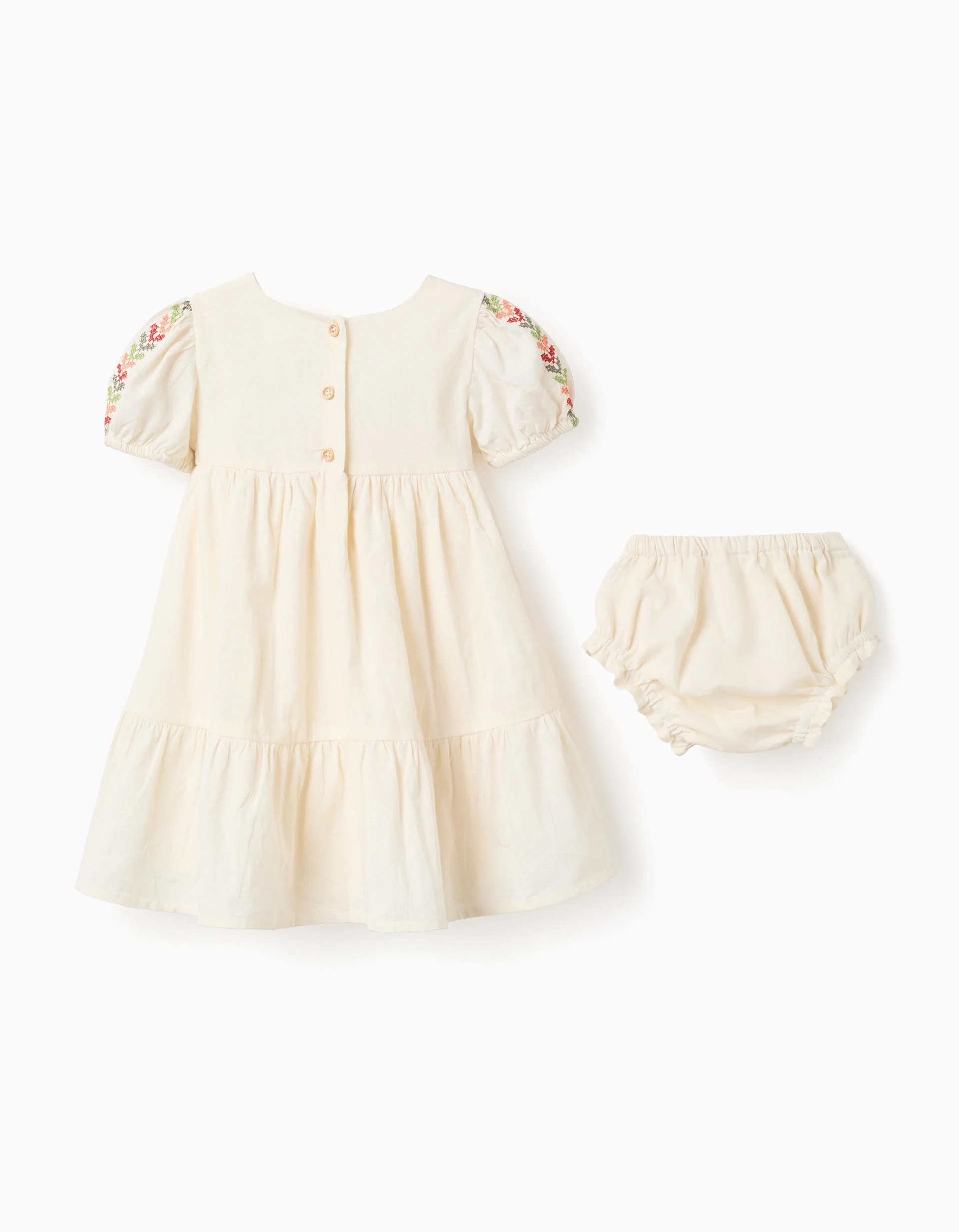 Linen dress with embroidery + bloomers for baby girls, light beige - Image 3