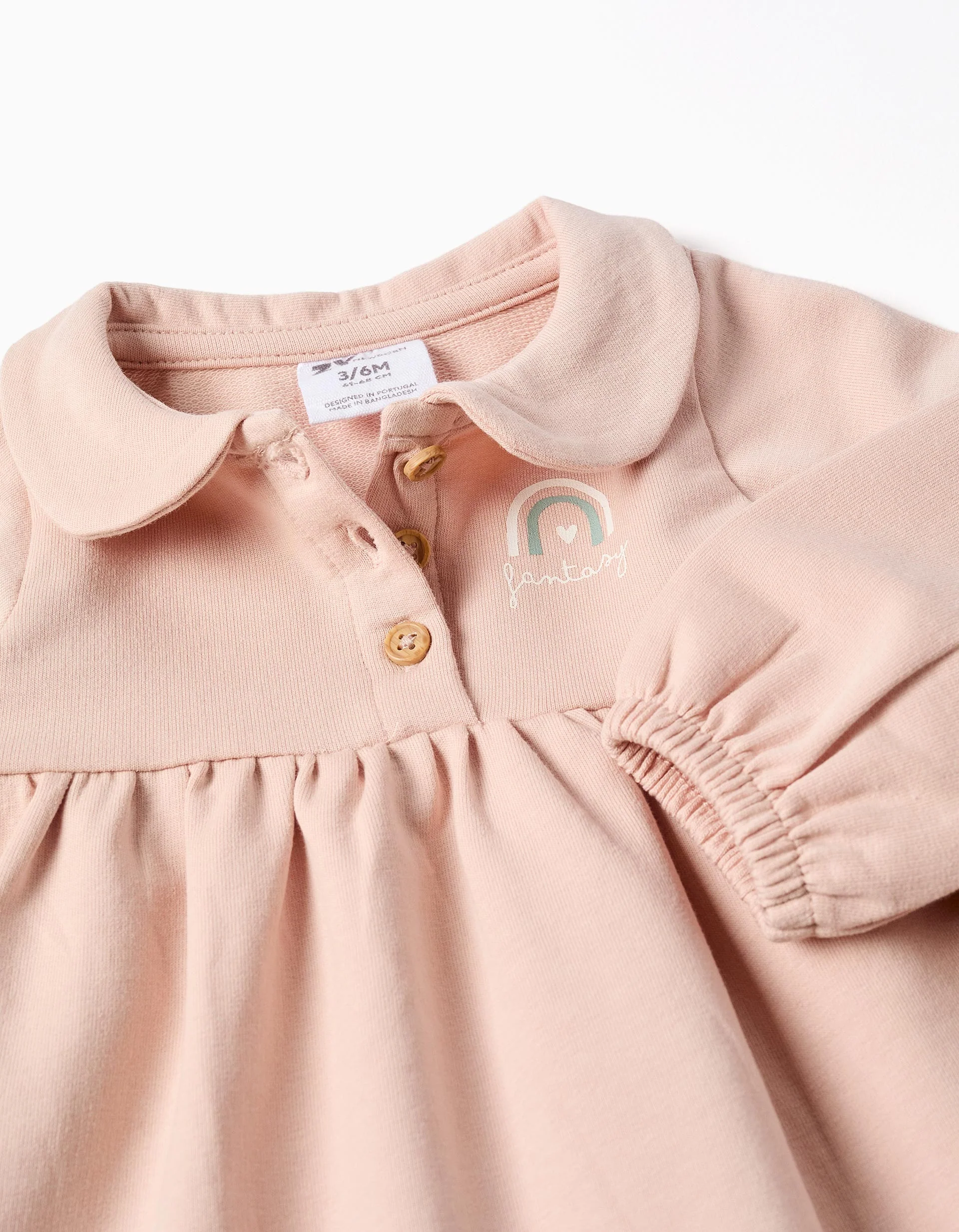 Long puffy sleeve cotton dress with print for newborn girls, pink - Image 3