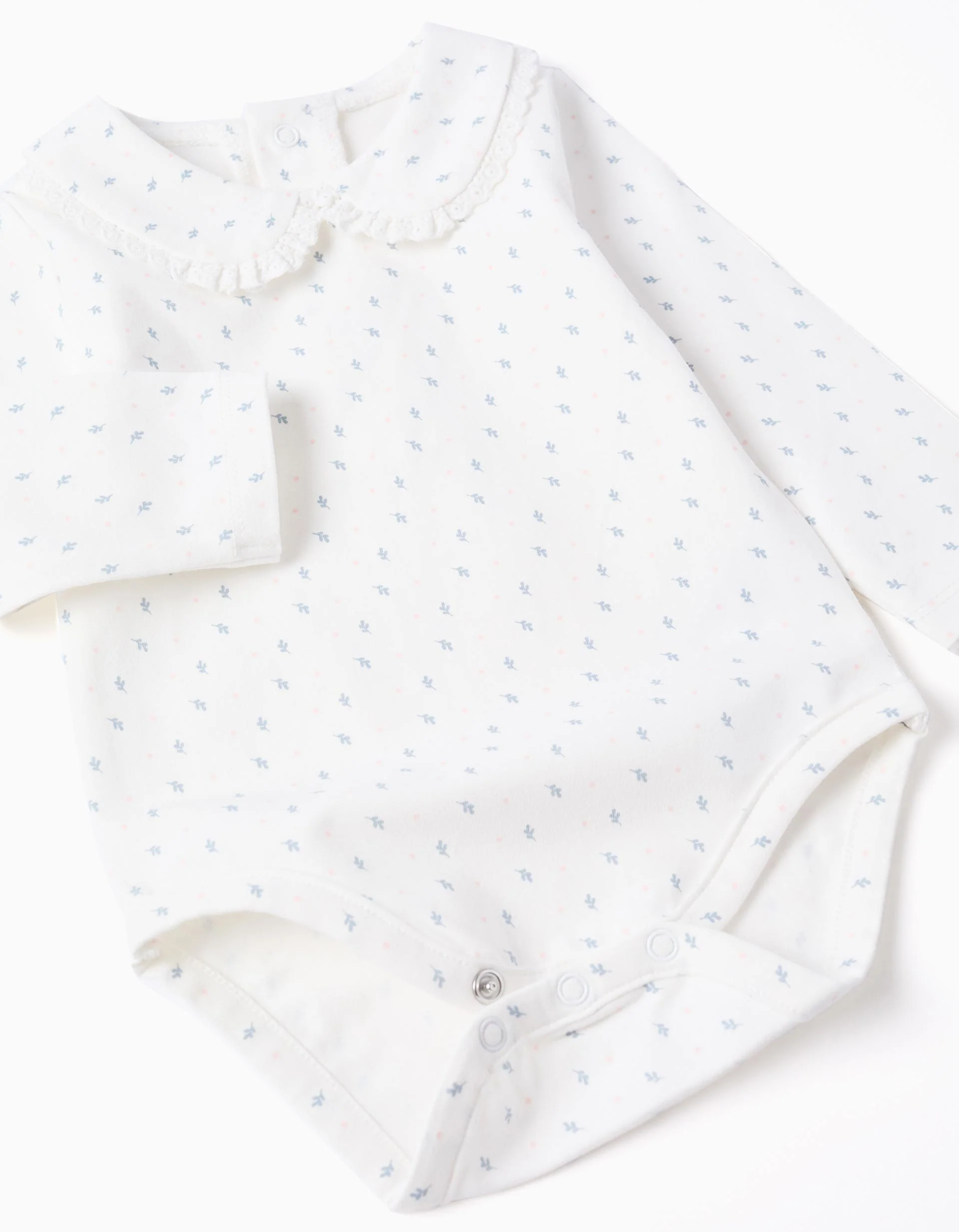 Long sleeve bodysuit with leaf motif for newborn girls, white/blue - Image 3