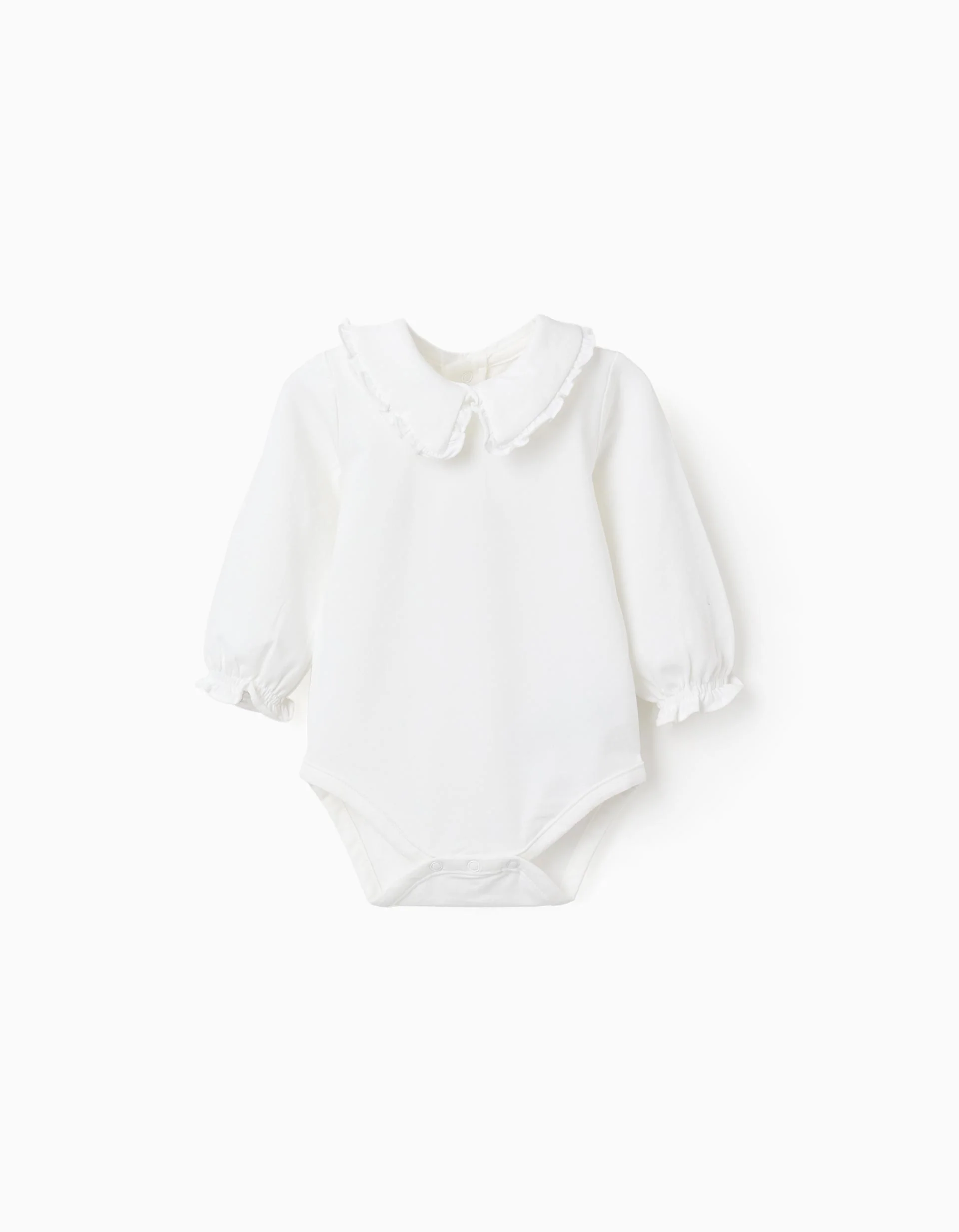 Long sleeve bodysuit with ruffled collar for newborn girls, white