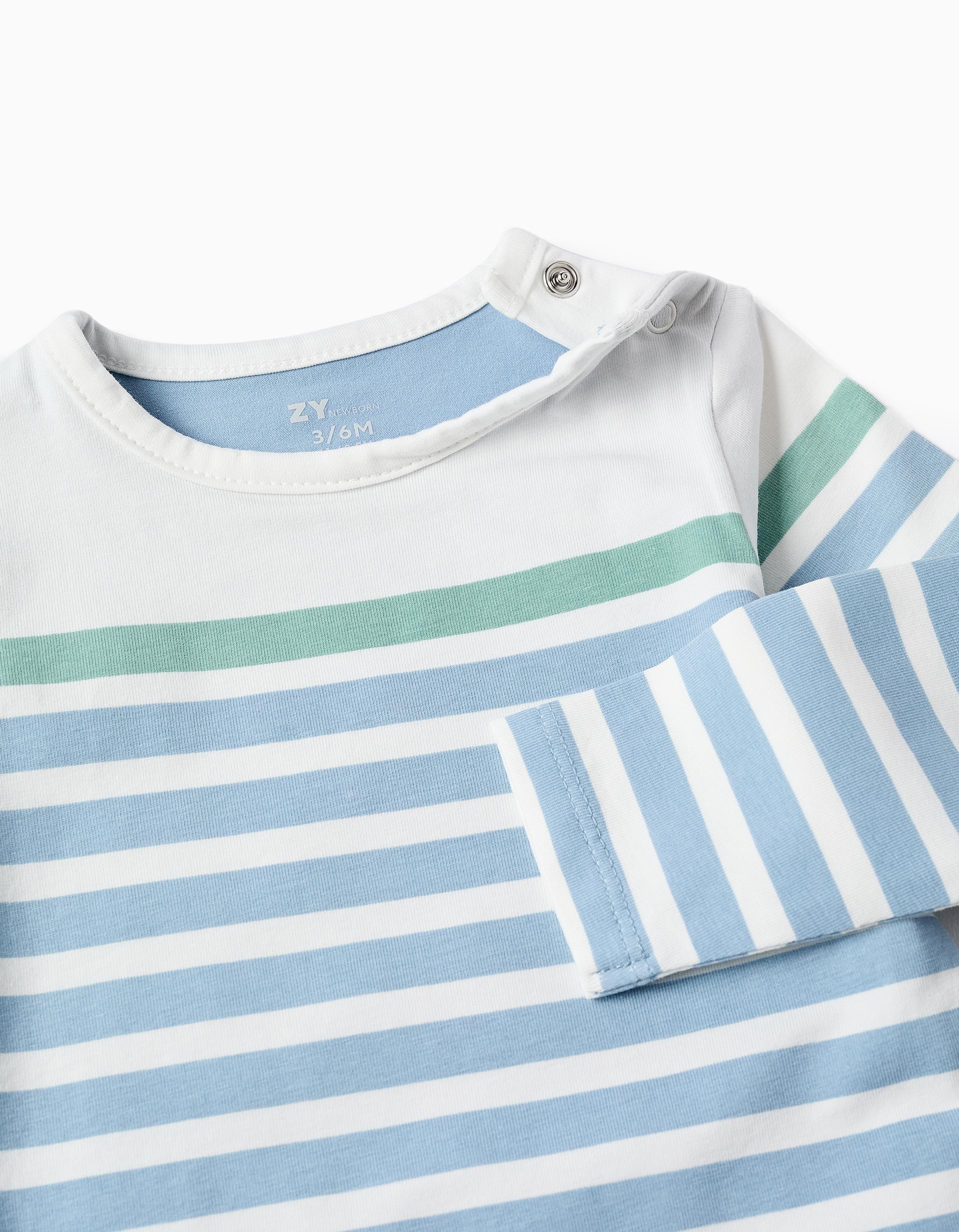 Long sleeve bodysuit with stripes for newborn boys, blue/white/green - Image 3