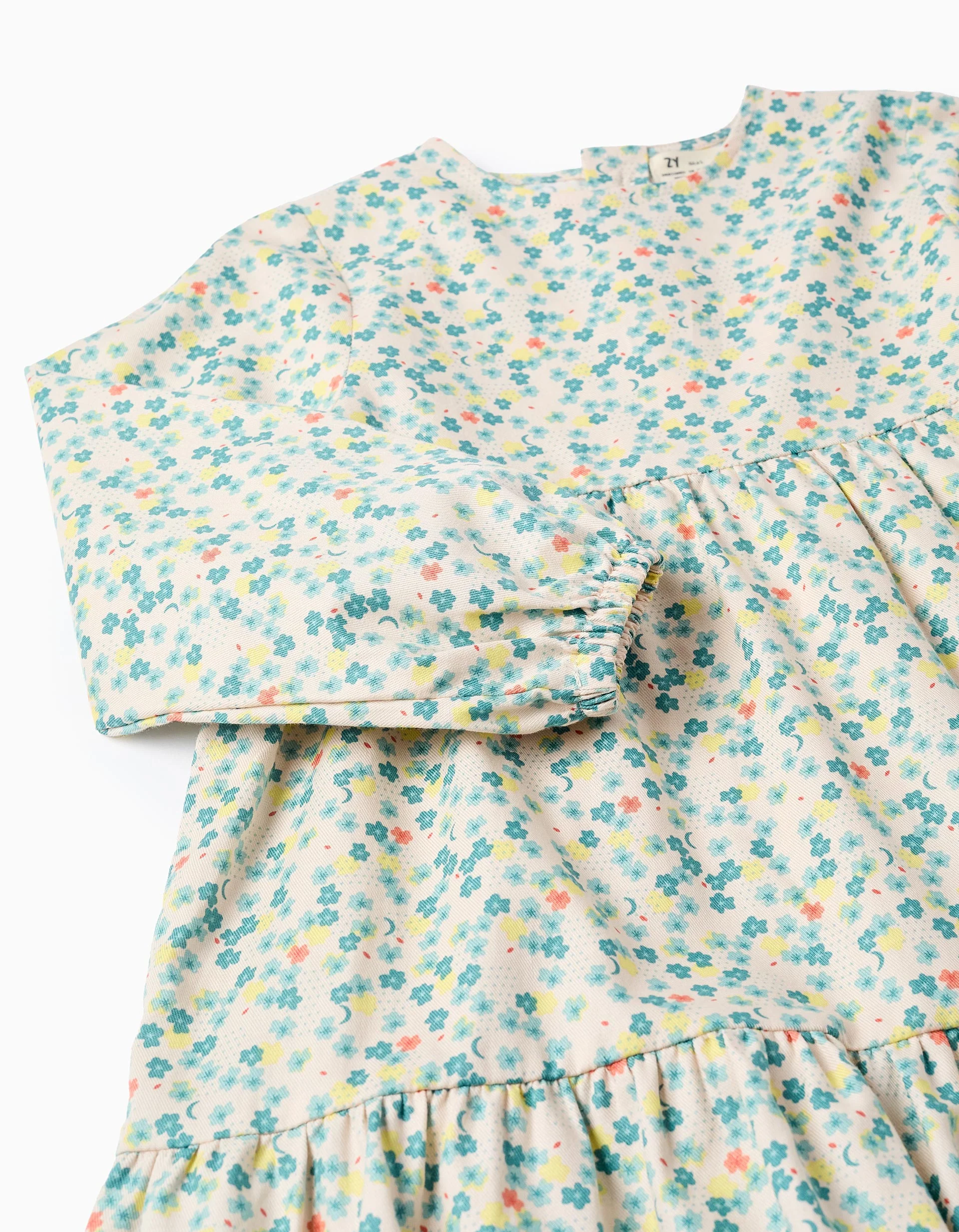 Long sleeve cotton dress with floral pattern for girls, beige - Image 4