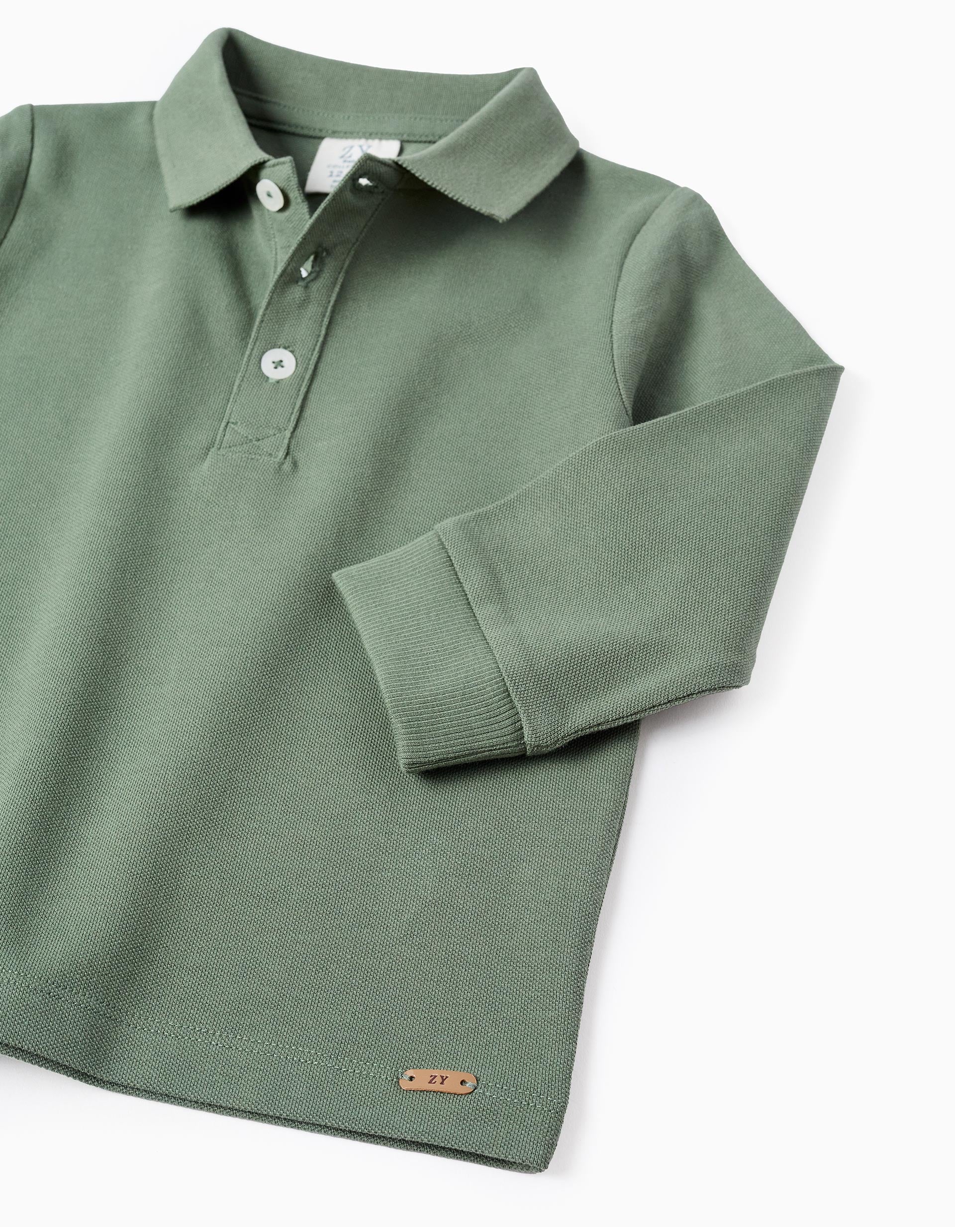 Long Sleeve Cotton Polo-shirt for Baby Boys, Green - Image 3