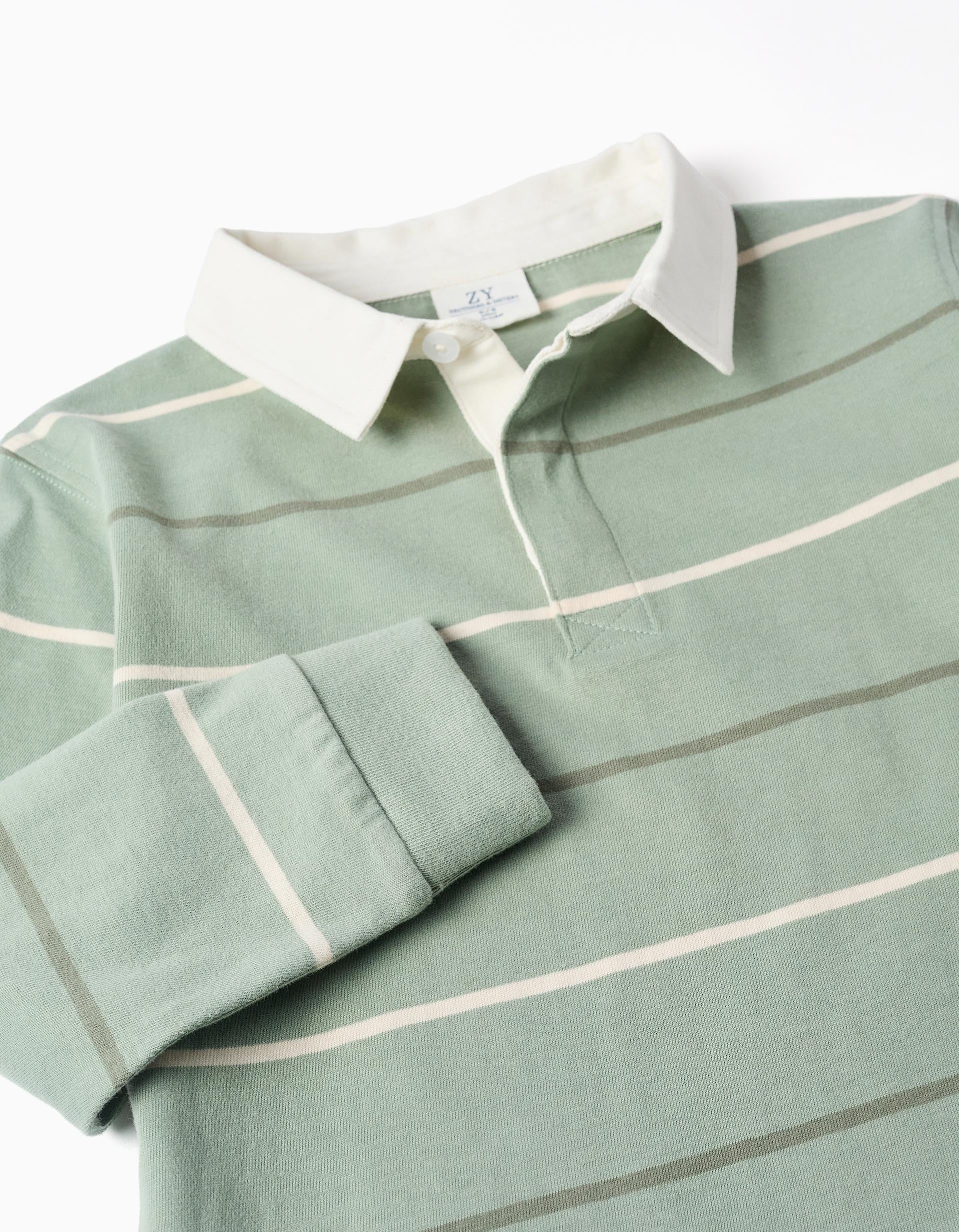 Long sleeve cotton polo shirt with stripes B&S for boys, green/white - Image 4