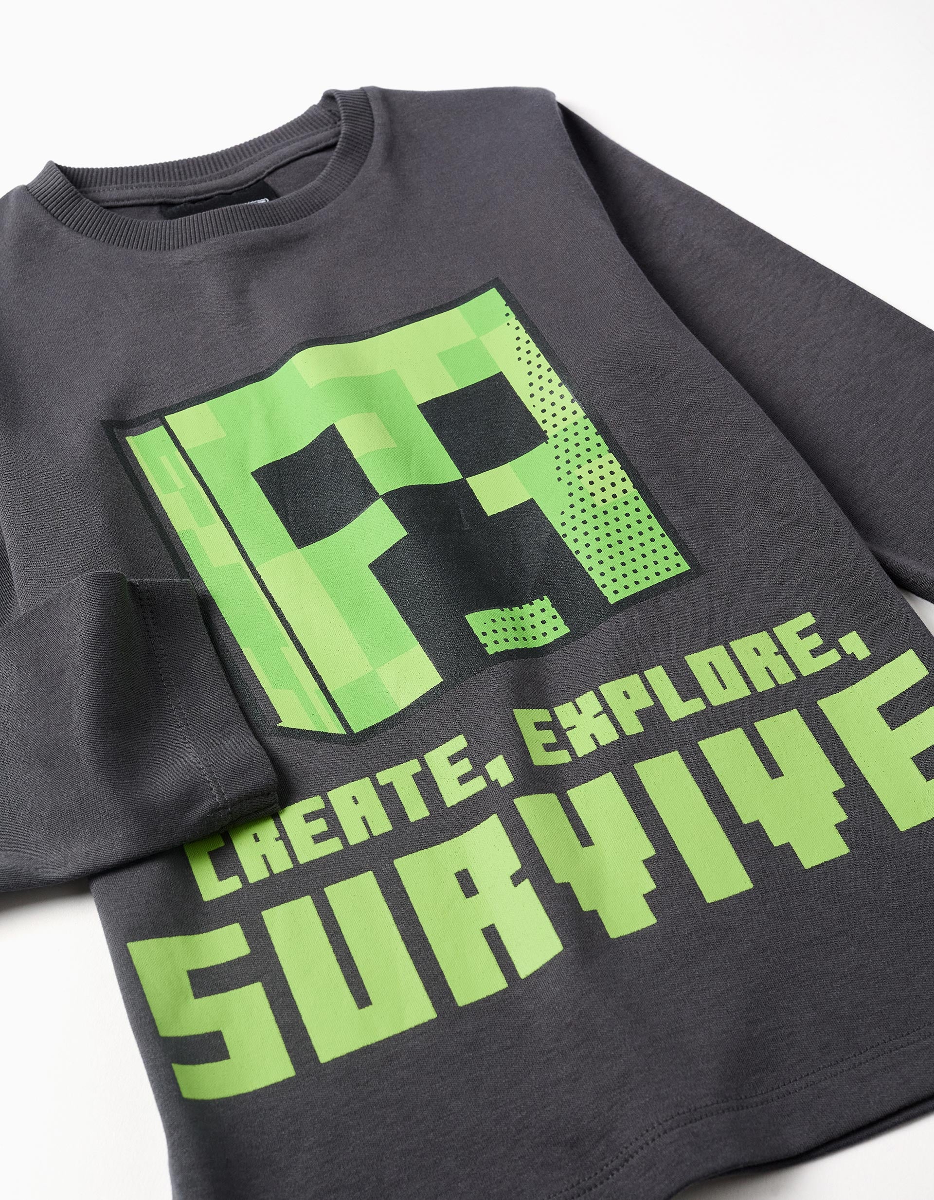 Long sleeve cotton pyjamas with Minecraft print for boys, grey/green - Image 3