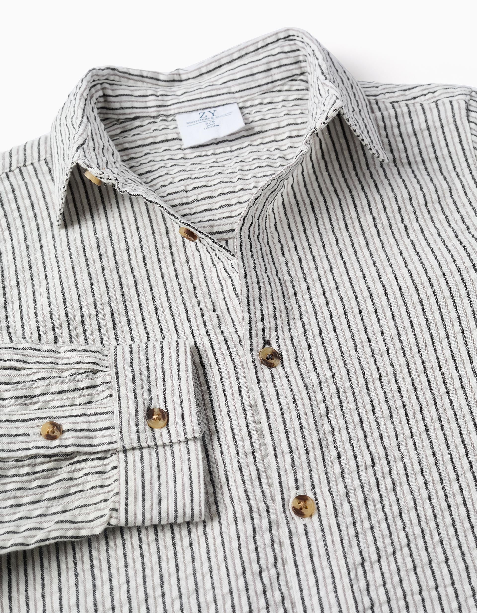 Long sleeve cotton shirt with stripes B&S for boys, white/grey - Image 3