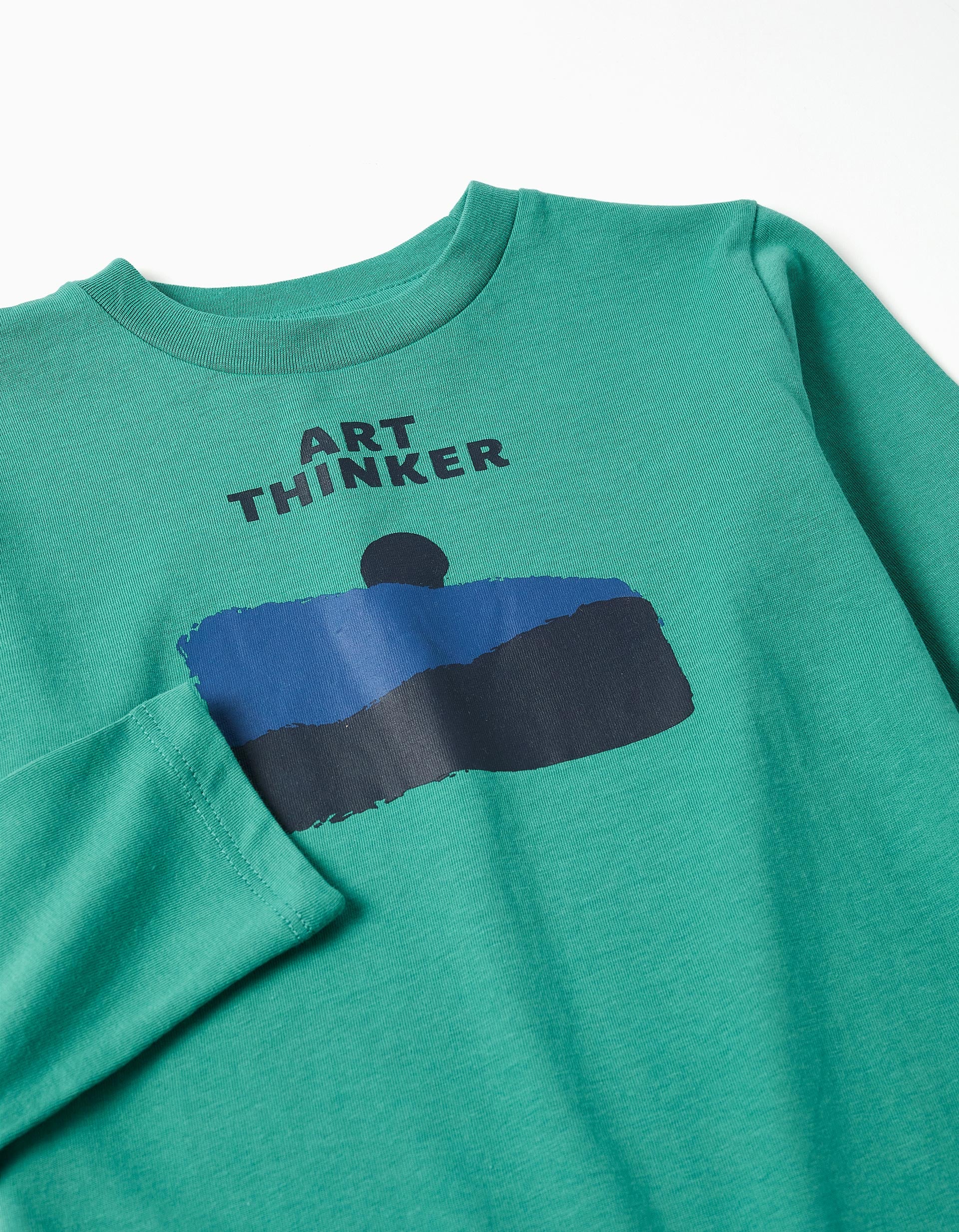 Long sleeve cotton T-shirt with Art Thinker print for boys, green - Image 3