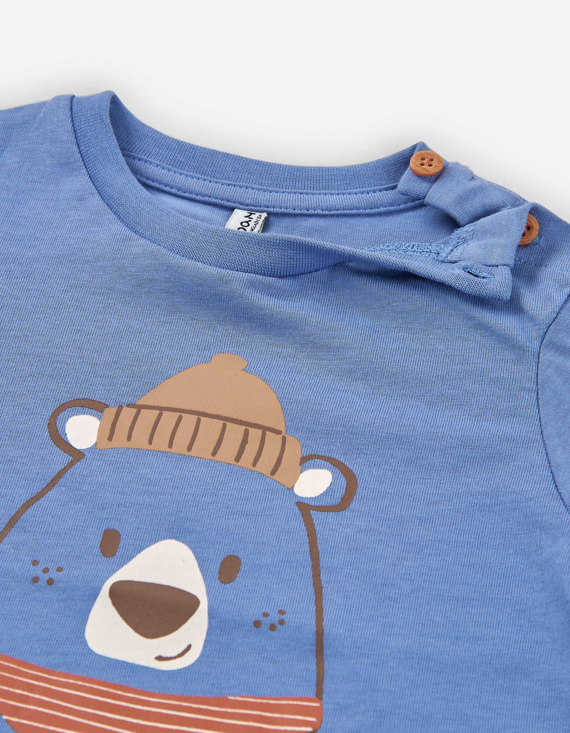 Long sleeve cotton T-shirt with bear print for baby boys, blue - Image 3