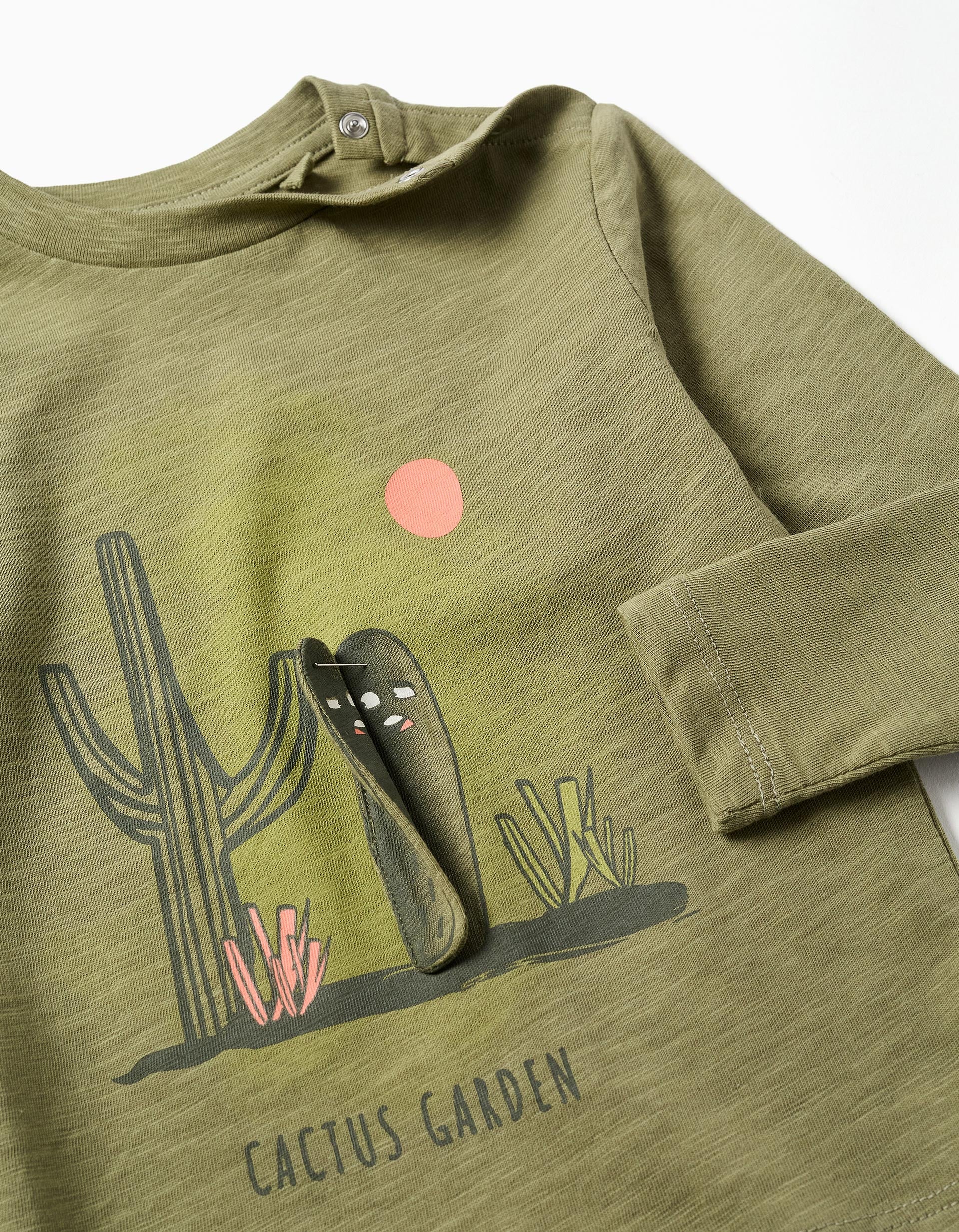 Long sleeve cotton T-shirt with Cactus Garden print for baby boys, green - Image 4