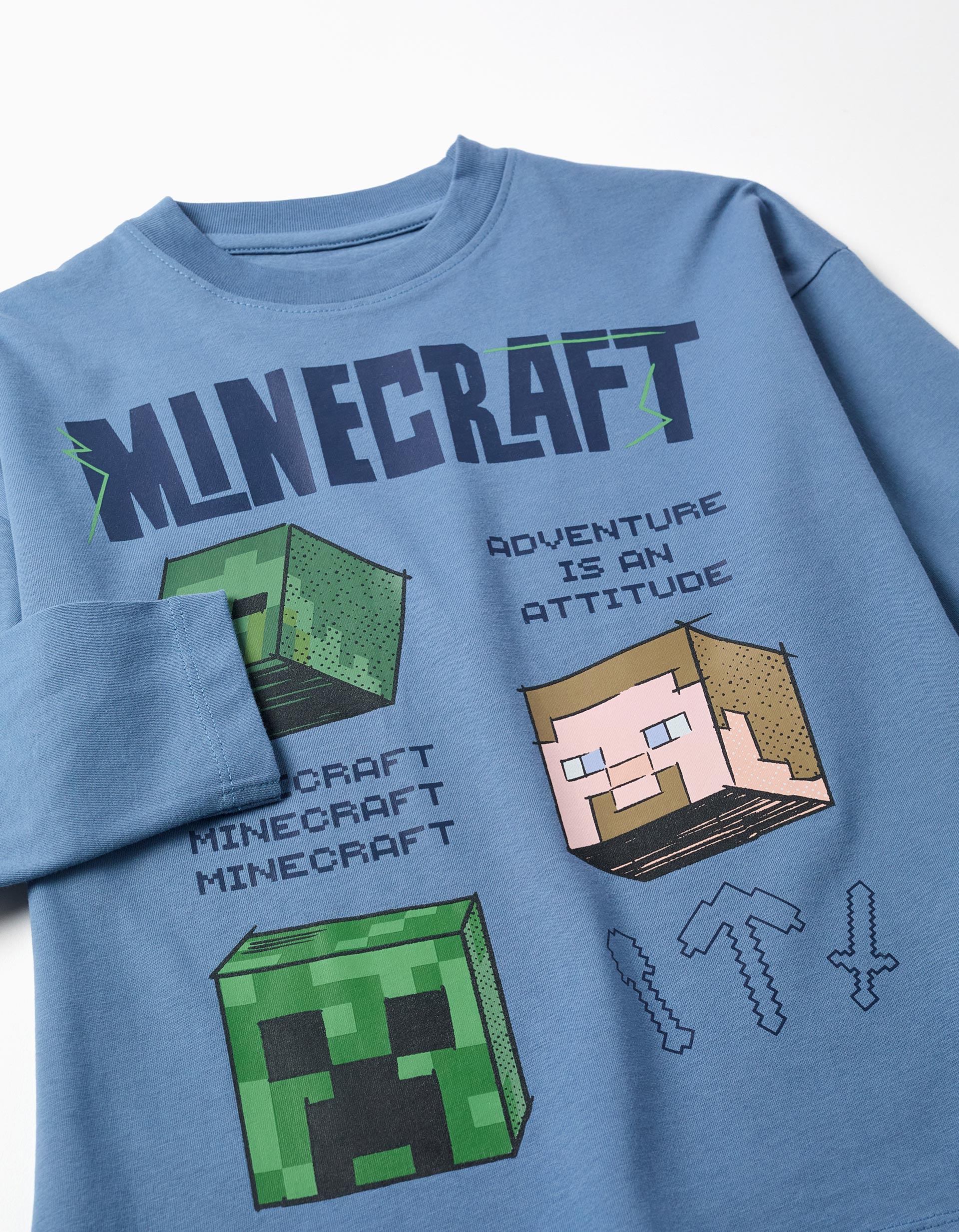 Long sleeve cotton T-shirt with Minecraft front print for boys, blue - Image 3