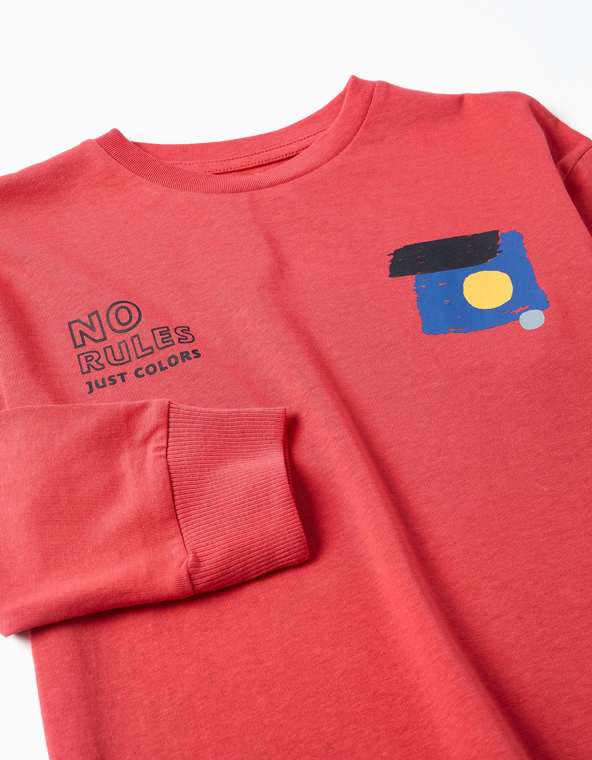 Long sleeve cotton T-shirt with No Rules print for boys, red - Image 3