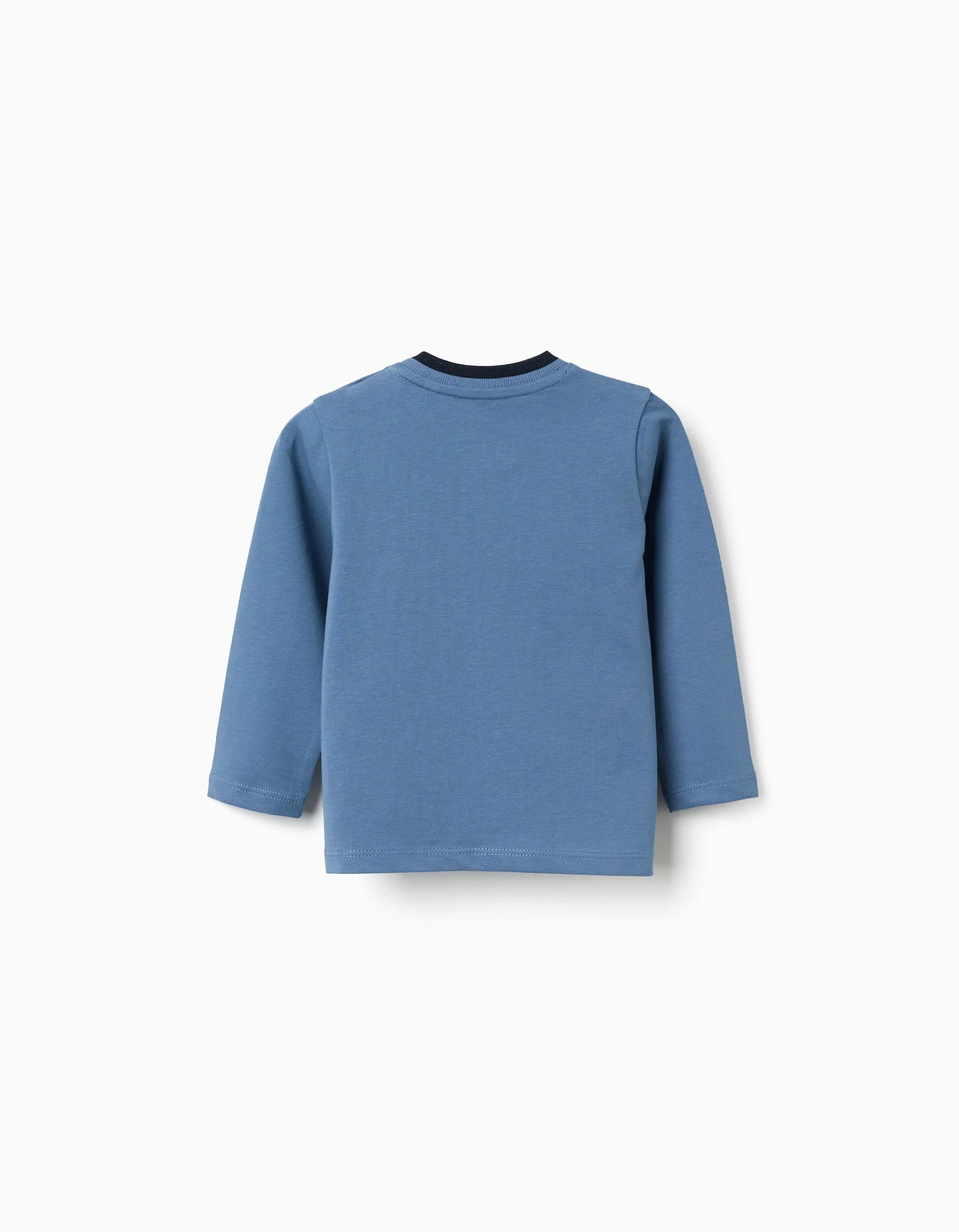 Long sleeve cotton T-shirt with print and pocket for baby boys, blue - Image 2