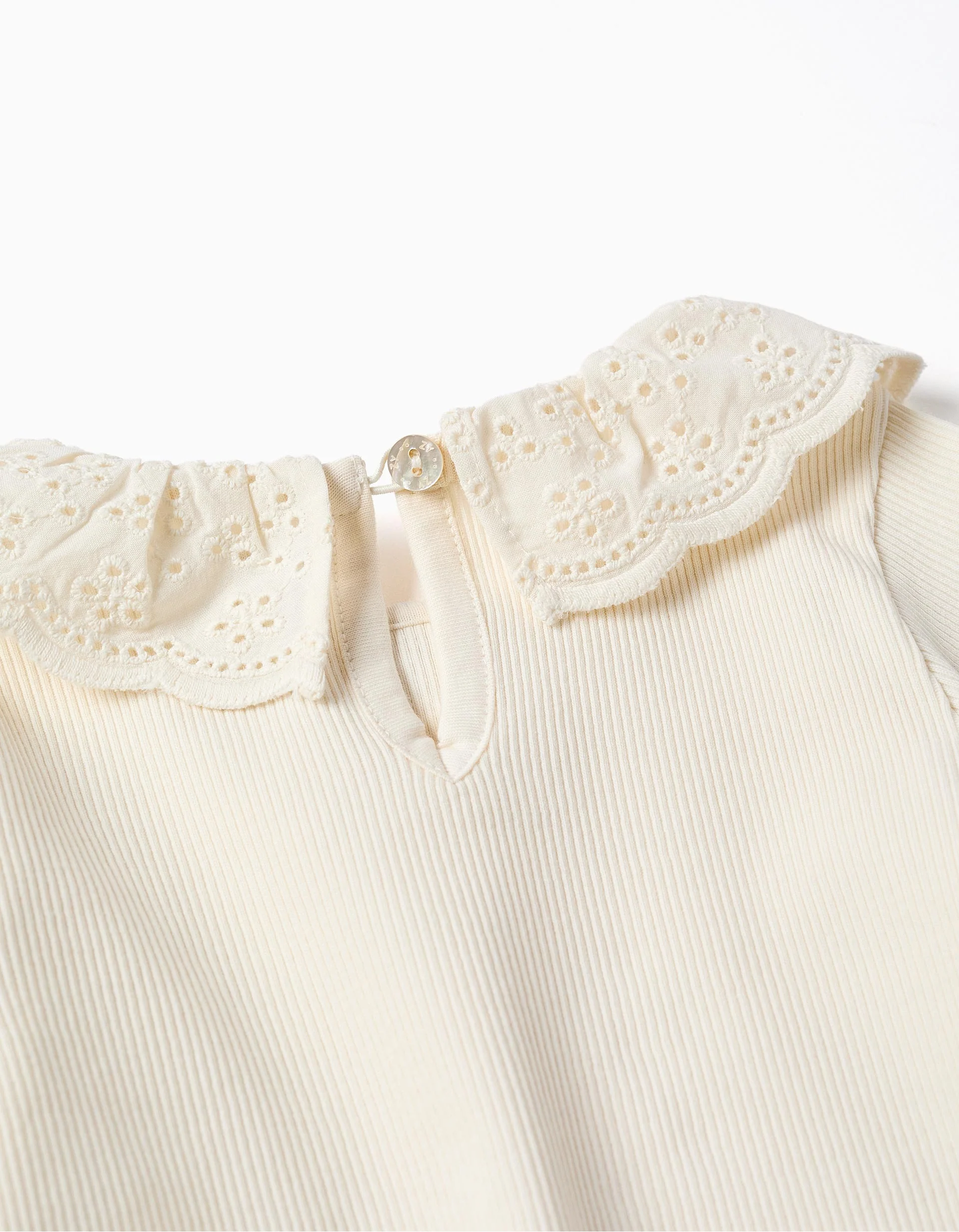 Long sleeve ribbed T-shirt with broderie anglaise for baby girls, white - Image 3