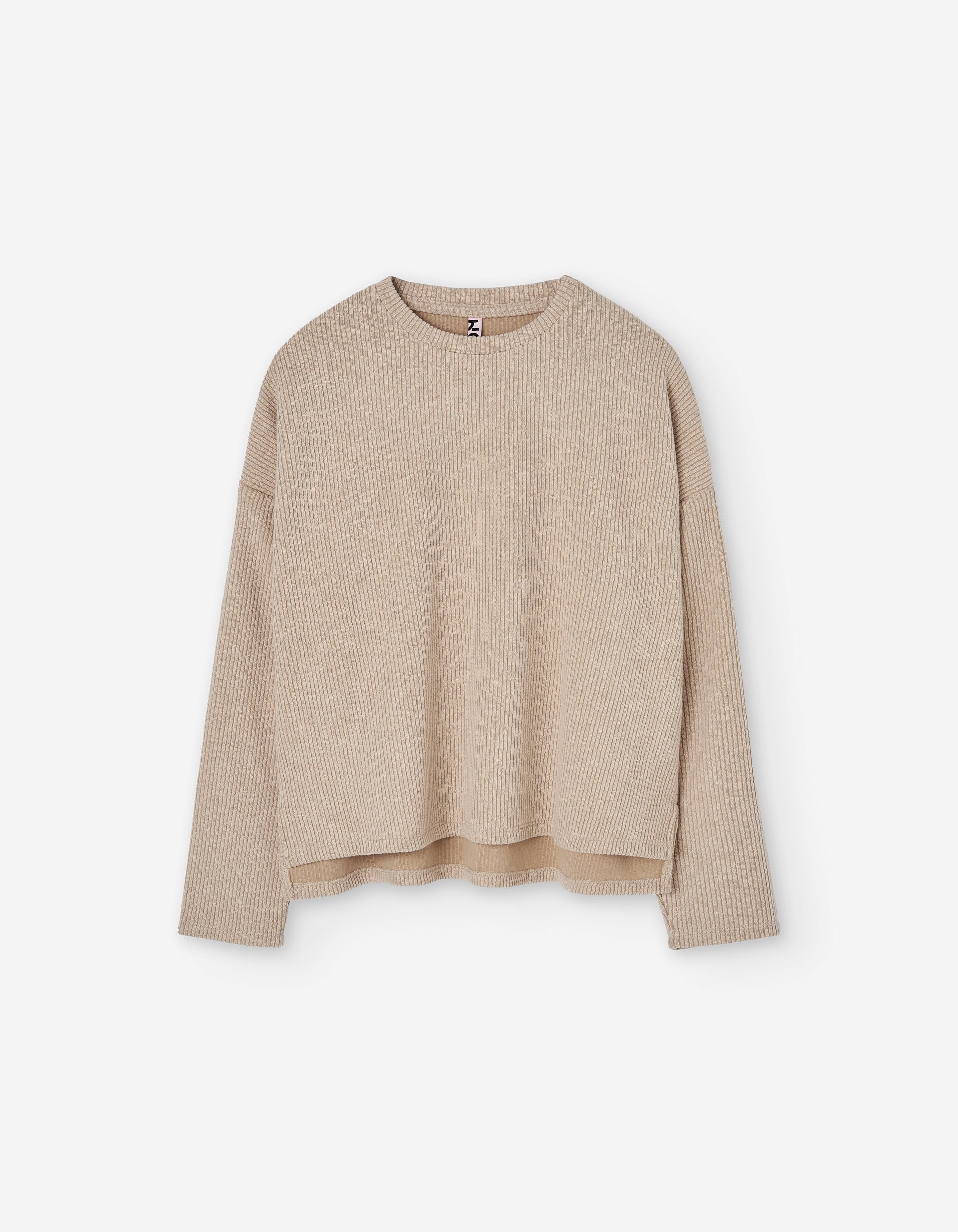 Long sleeve ribbed T-shirt with dropped shoulders for girls, beige