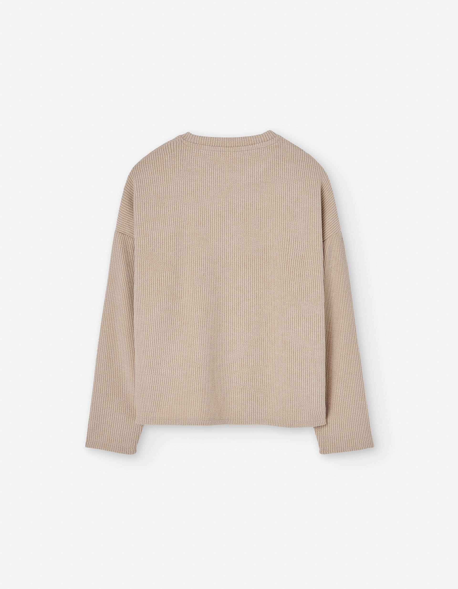 Long sleeve ribbed T-shirt with dropped shoulders for girls, beige - Image 2