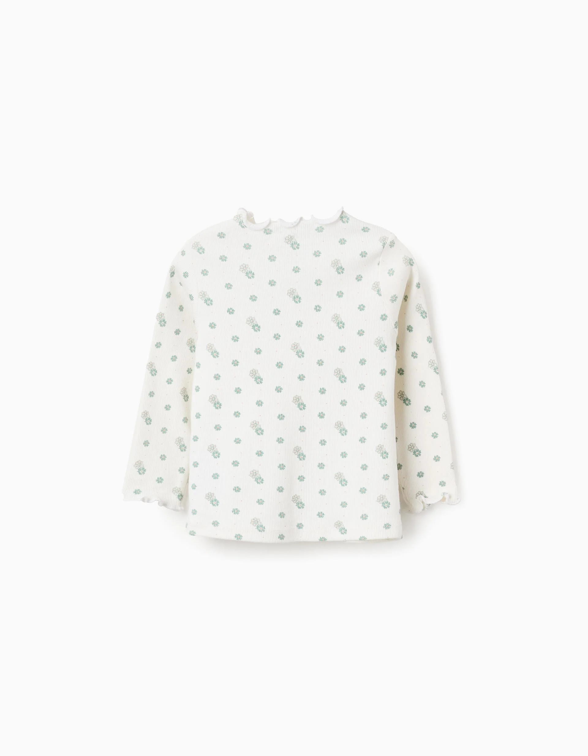 Long Sleeve Ribbed T-shirt with Floral Motif for Baby Girls, White - Image 2