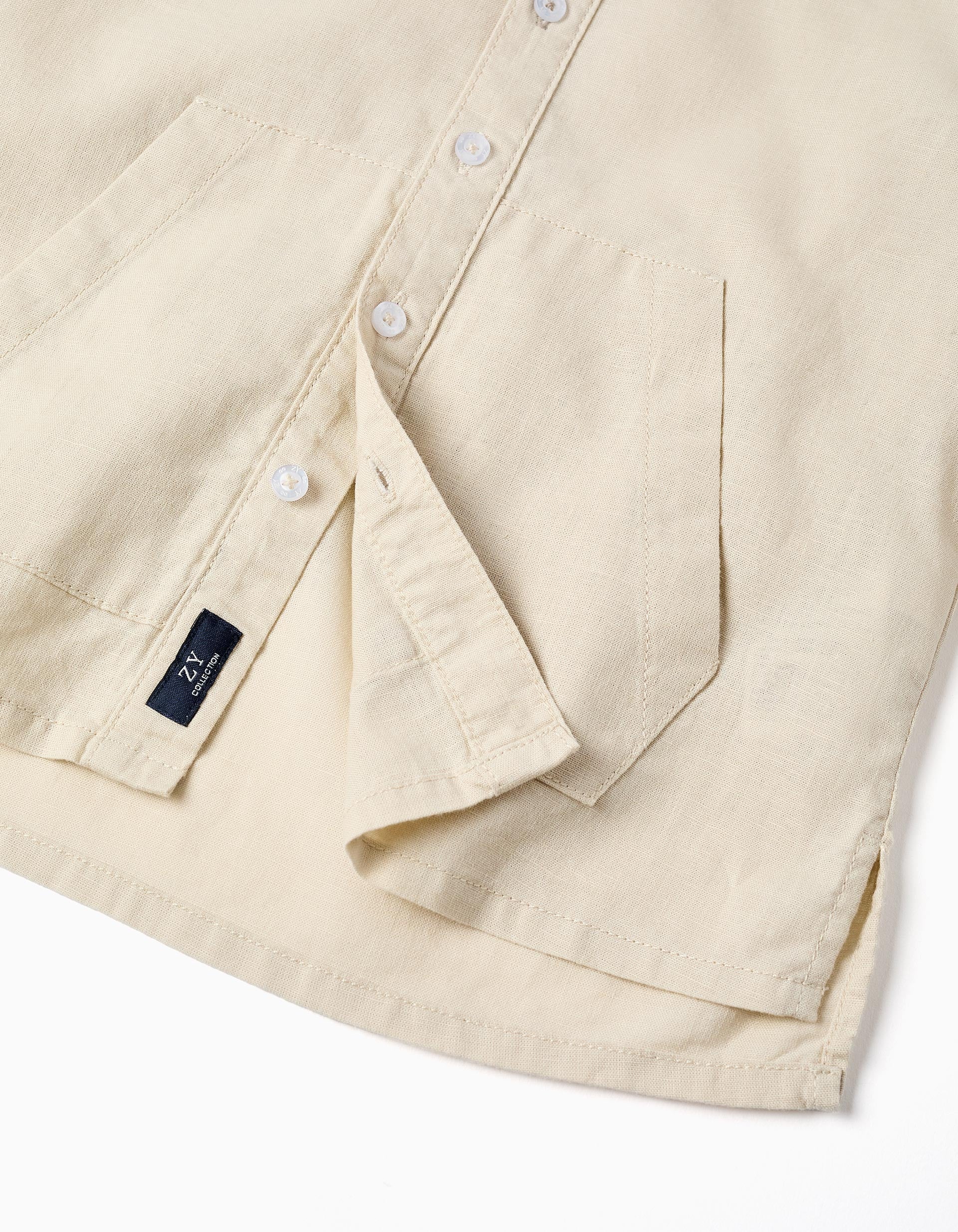 Long sleeve shirt in linen and cotton with hood for boys, beige - Image 3