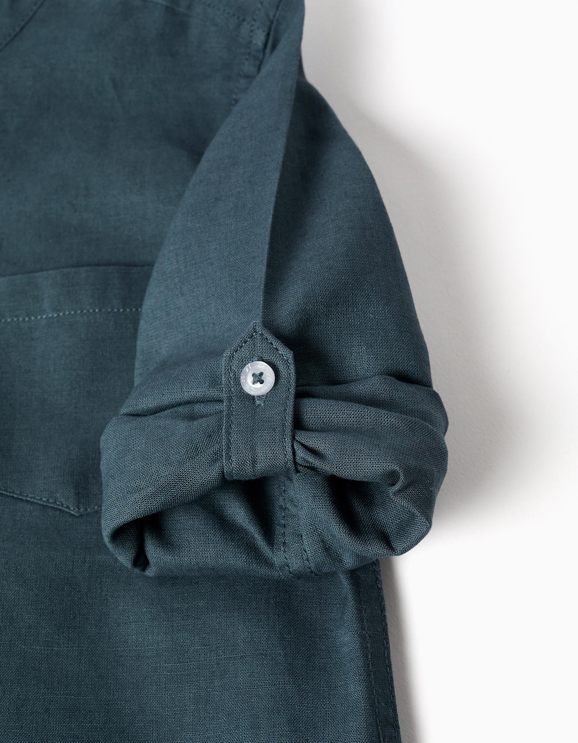 Long sleeve shirt in linen and cotton with mao collar for boys, blue-grey - Image 4