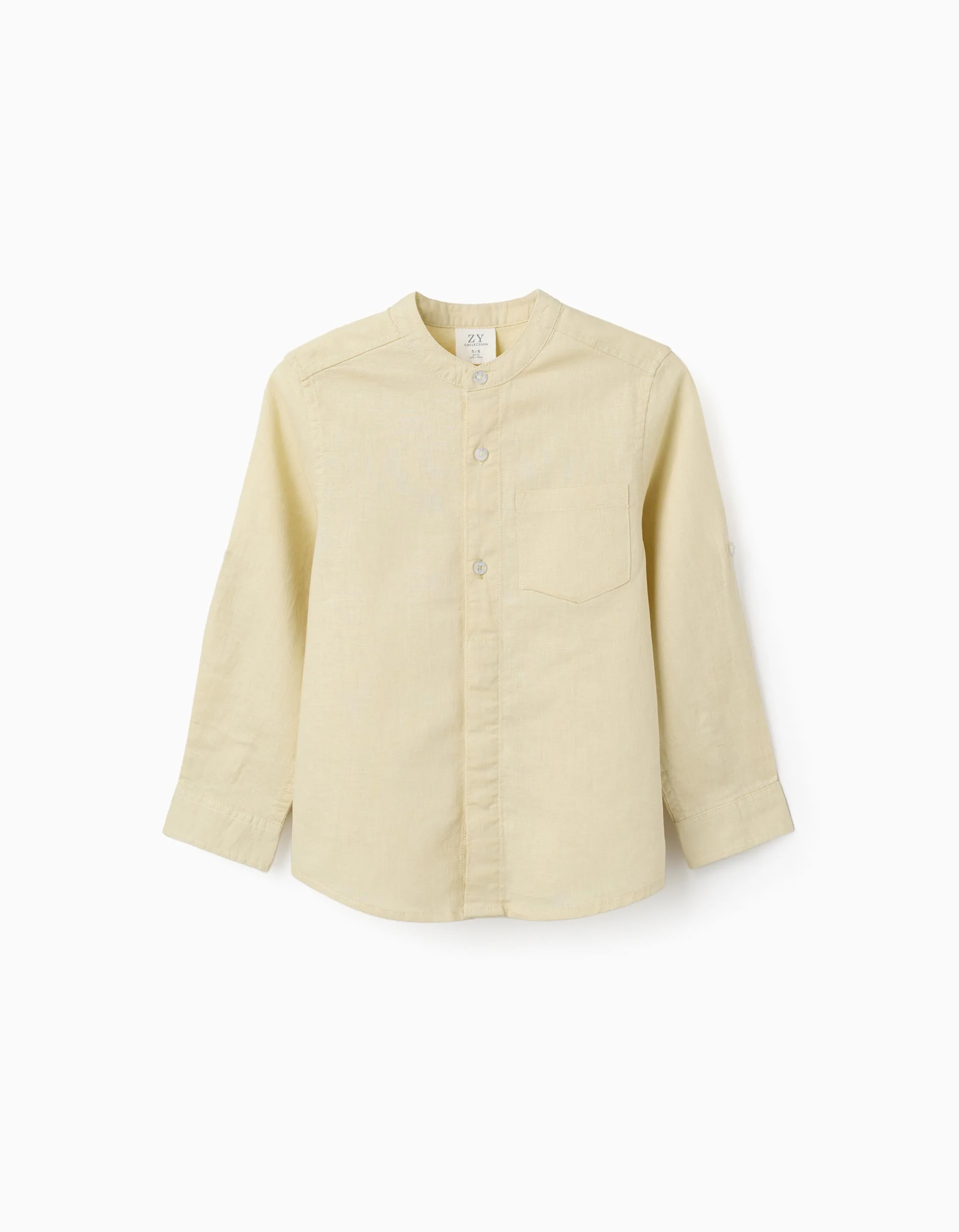 Long sleeve shirt in linen and cotton with mao collar for boys, yellow