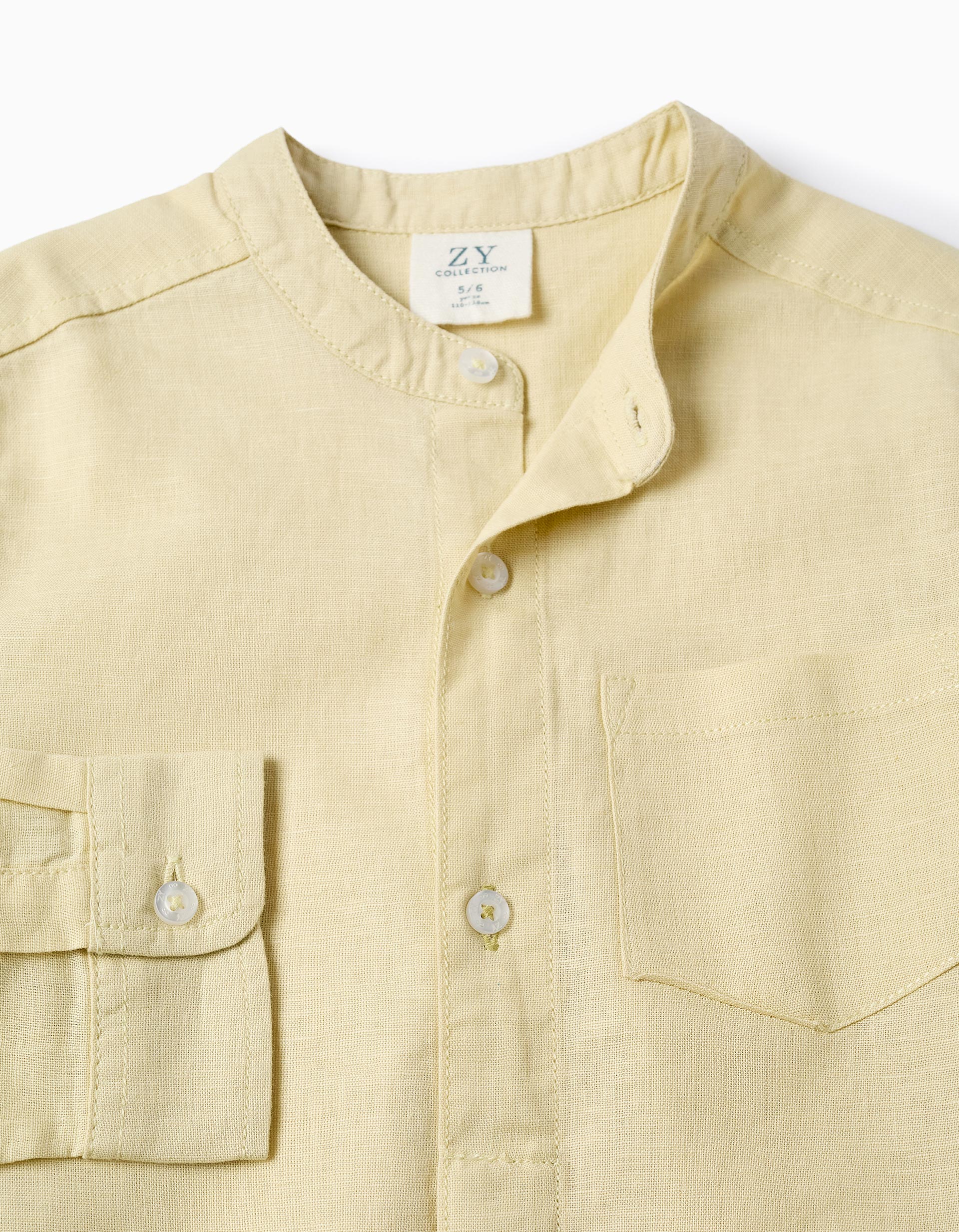 Long sleeve shirt in linen and cotton with mao collar for boys, yellow - Image 3