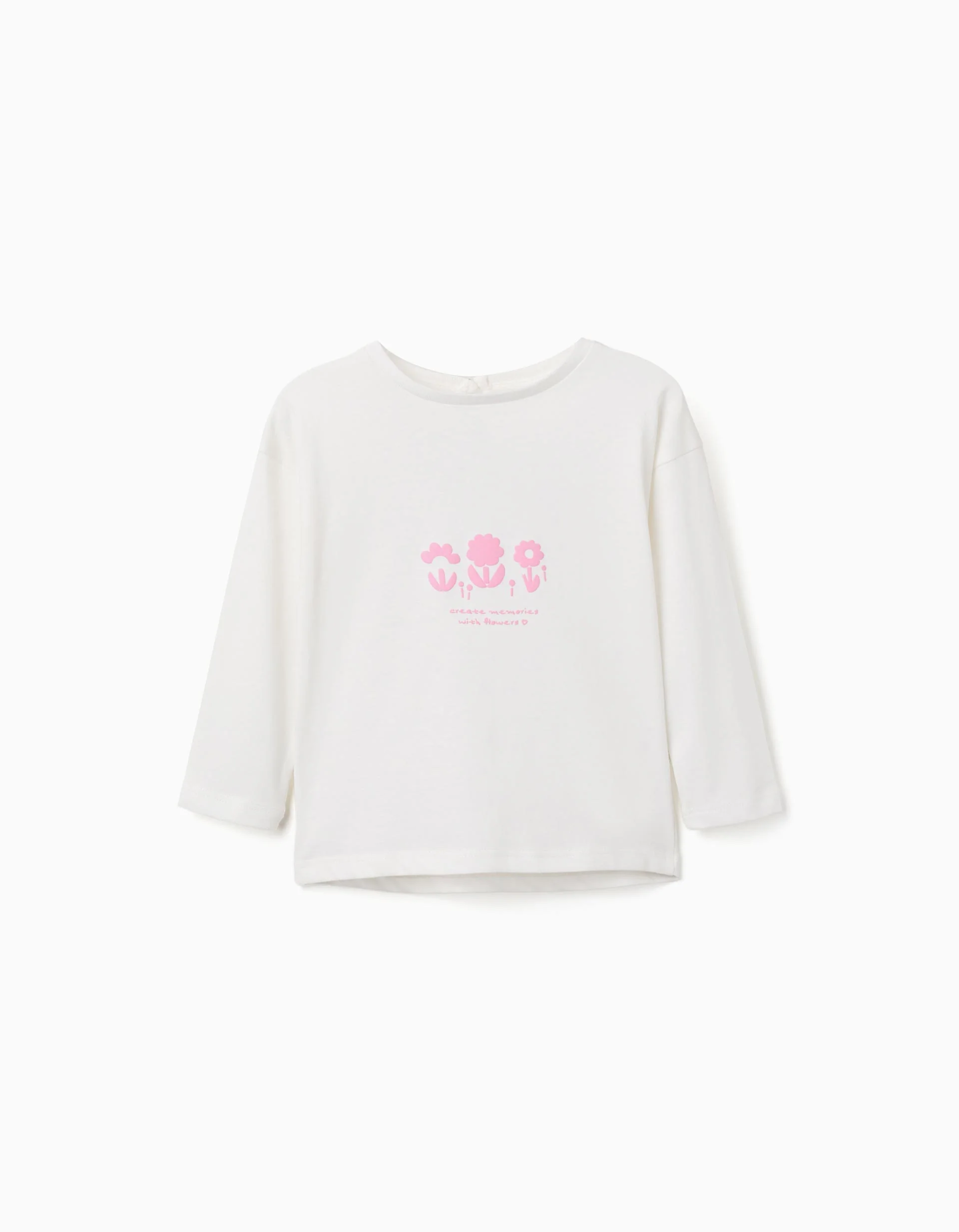 Long sleeve cotton T-shirt with embossed flowers for baby girls, white