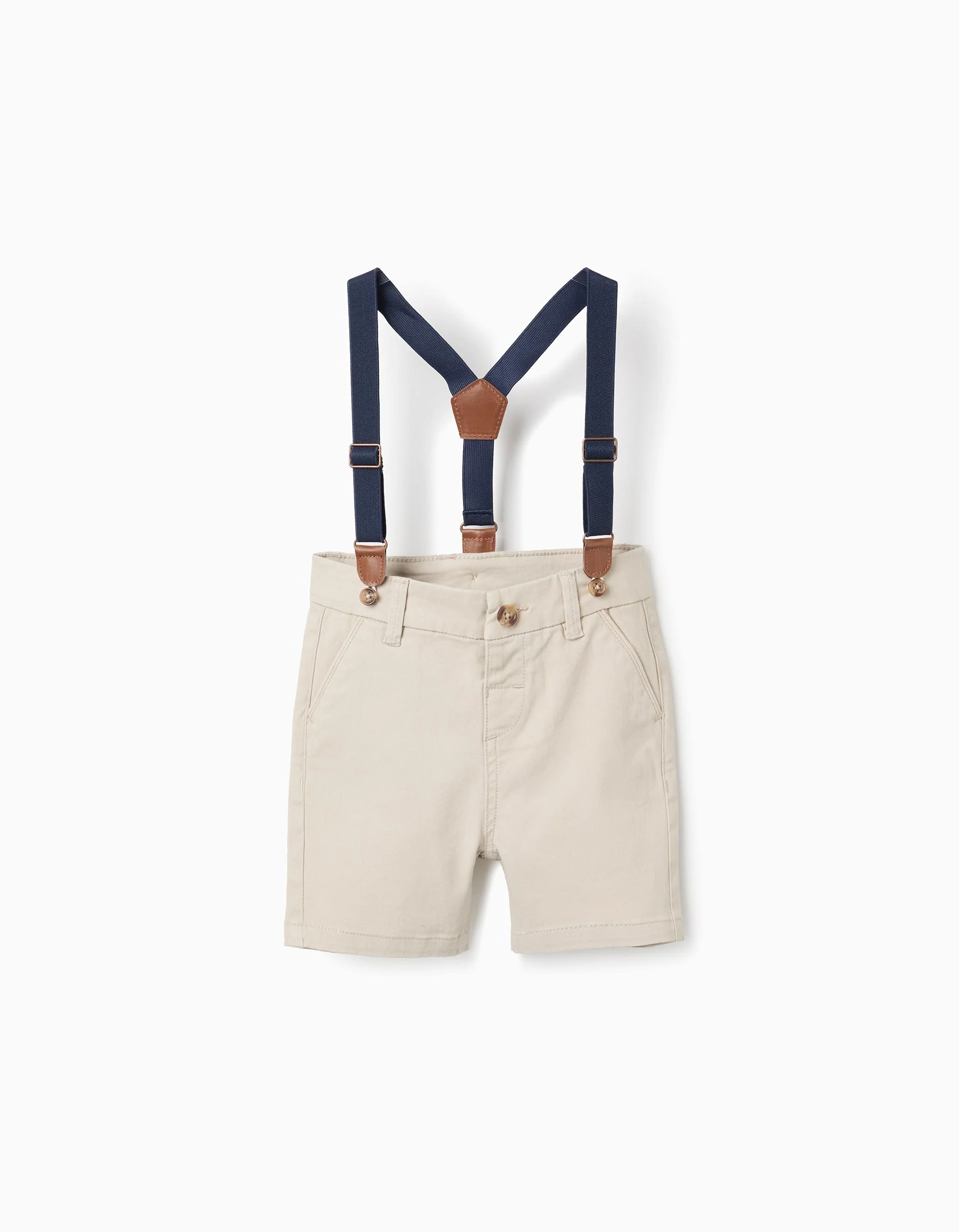 Midi twill shorts with removable braces for baby boys, light beige