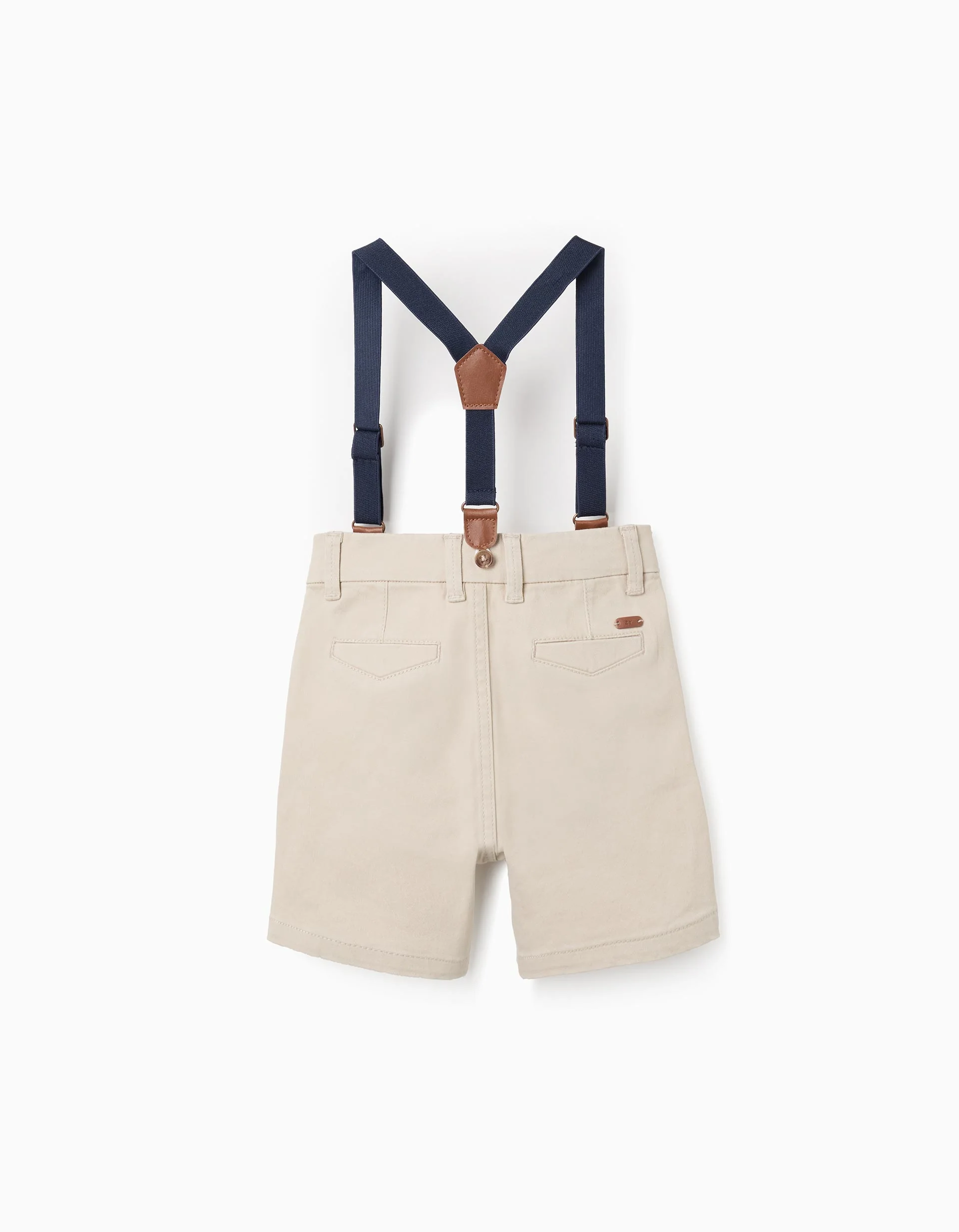 Midi twill shorts with removable braces for baby boys, light beige - Image 2
